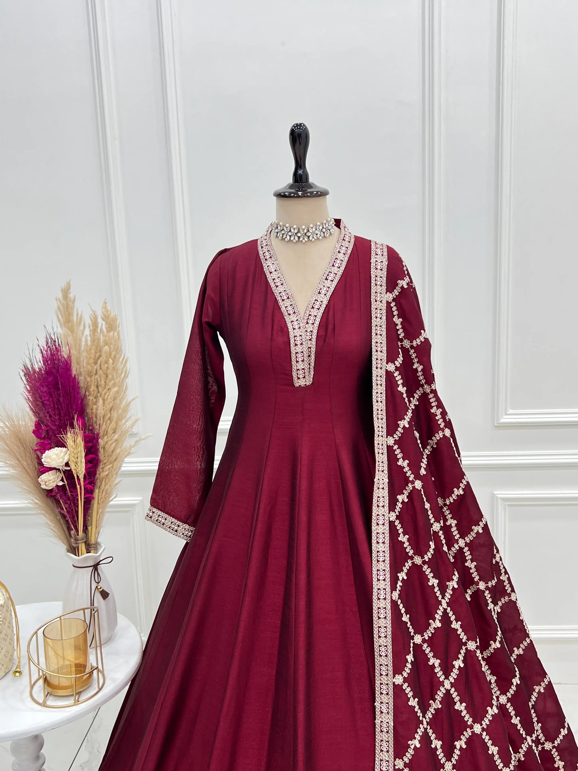 Maroon Vichitra Silk Full Flare Anarkali Gown Set for Festive and Wedding Wear