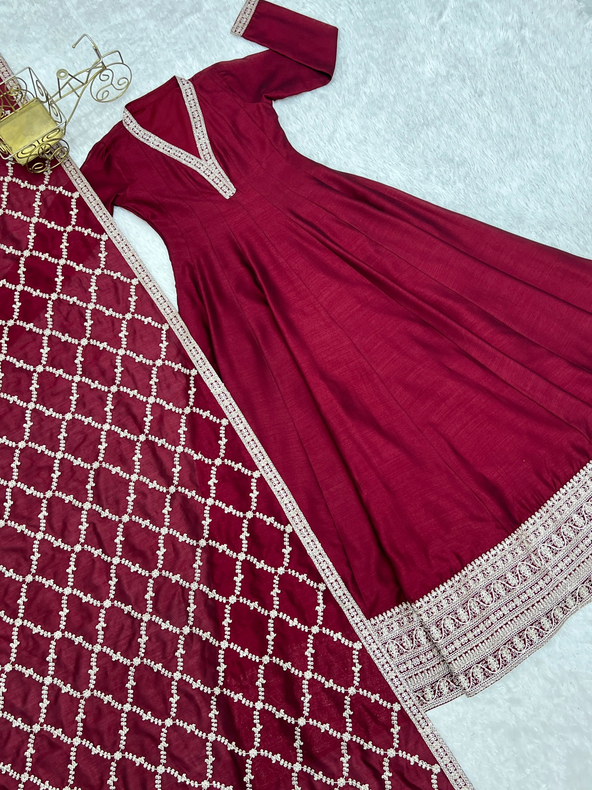 Maroon Vichitra Silk Full Flare Anarkali Gown Set for Festive and Wedding Wear