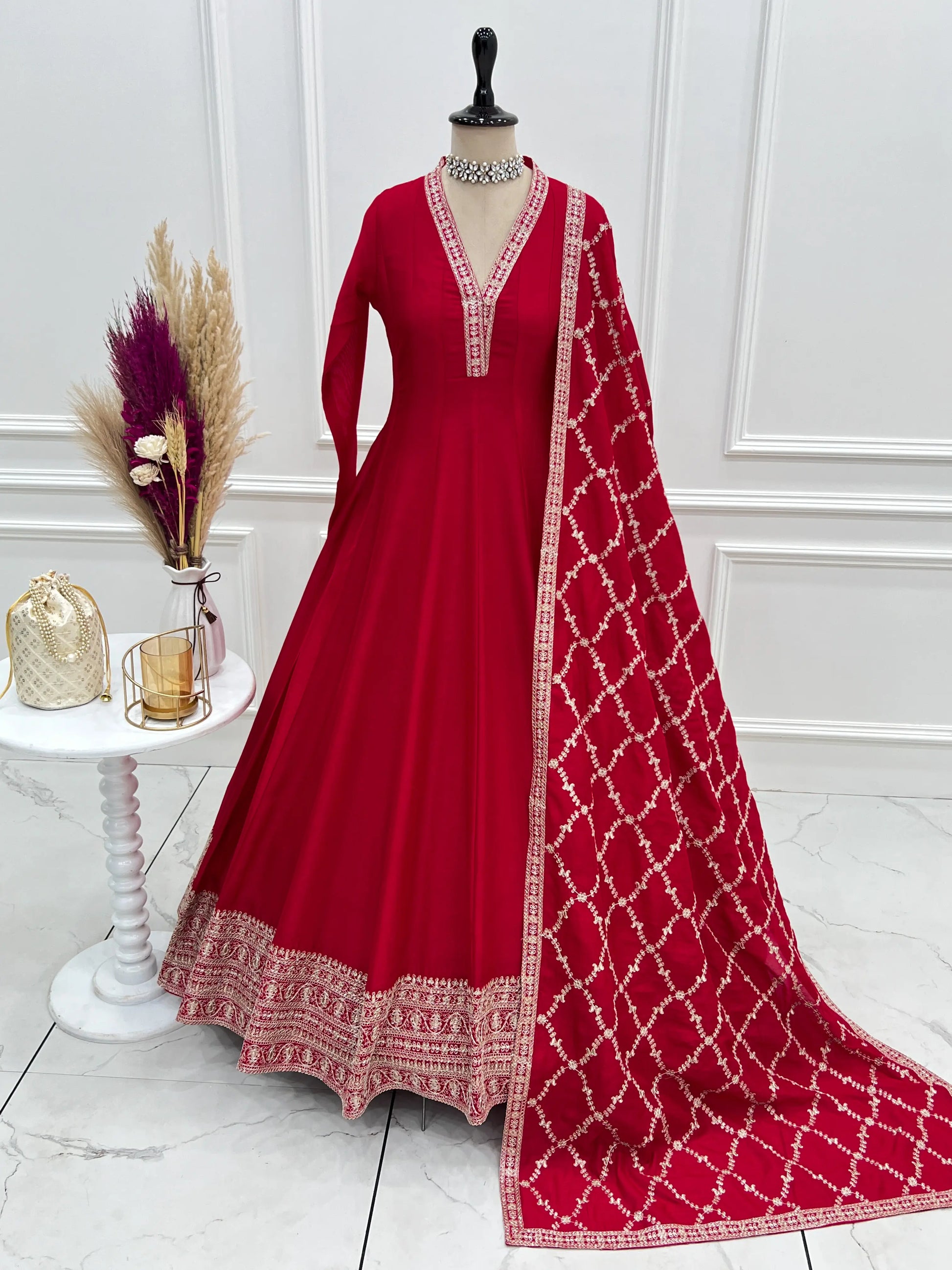 Maroon Vichitra Silk Full Flare Anarkali Gown Set for Festive and Wedding Wear
