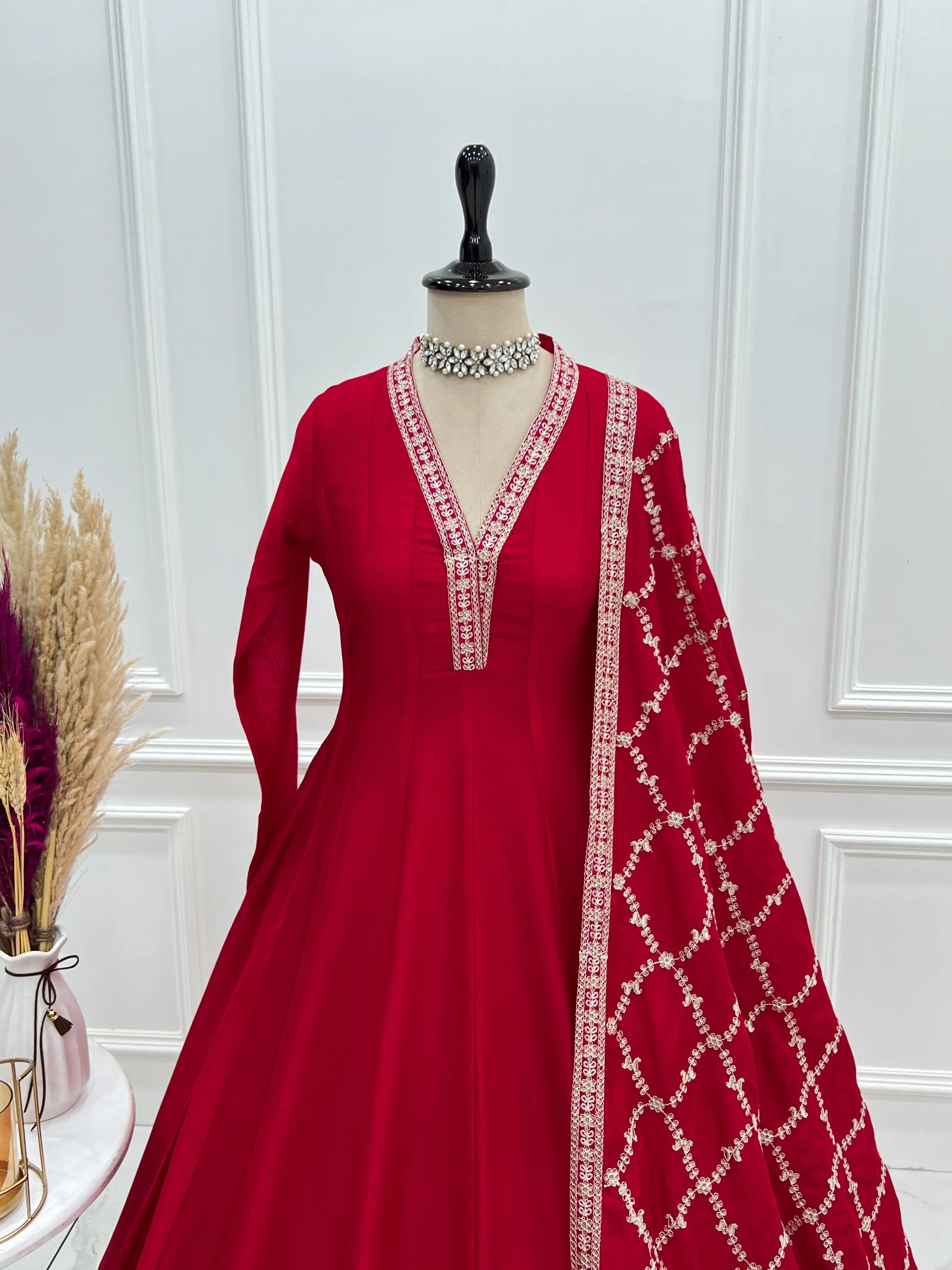 Maroon Vichitra Silk Full Flare Anarkali Gown Set for Festive and Wedding Wear