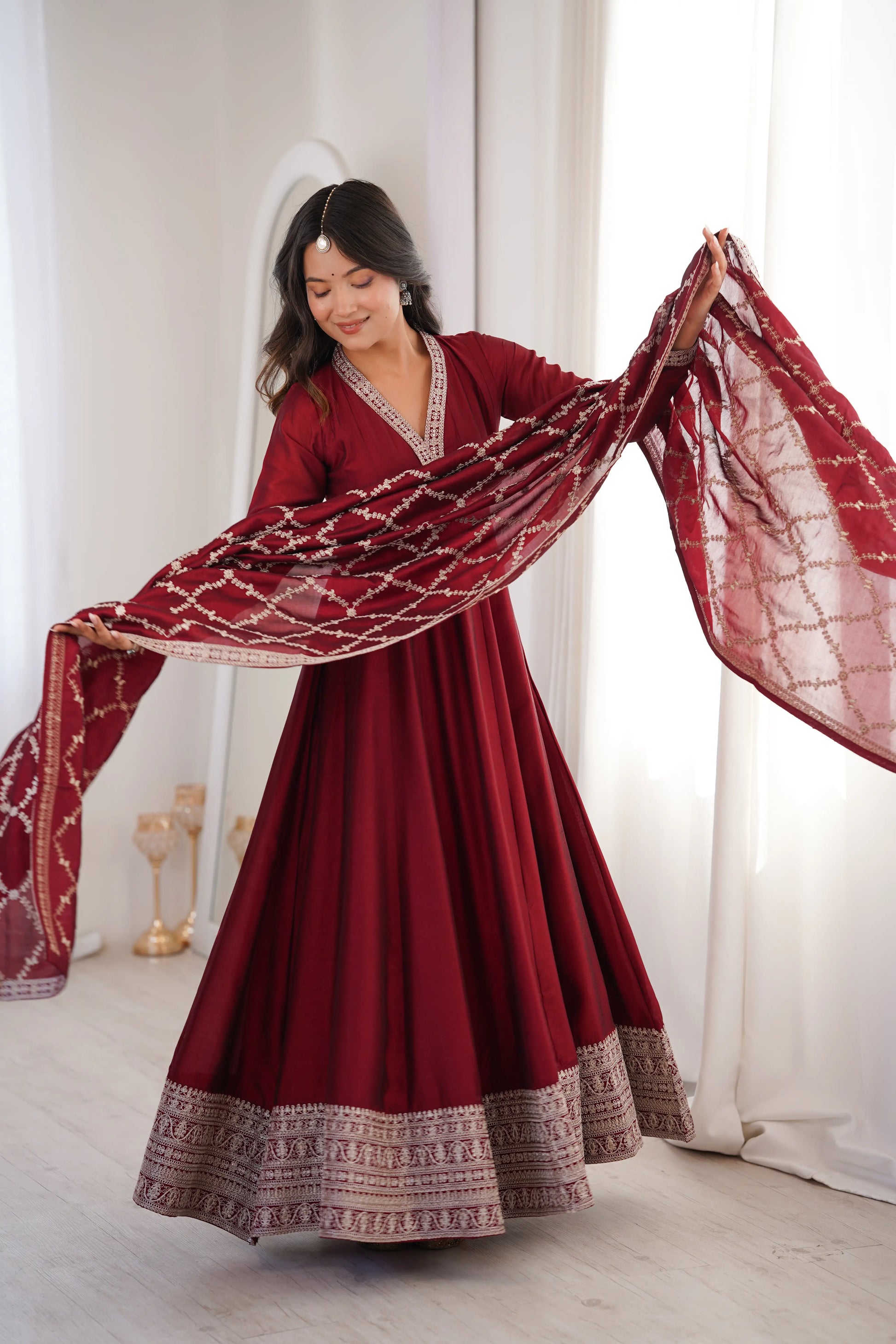 Maroon Vichitra Silk Full Flare Anarkali Gown Set for Festive and Wedding Wear