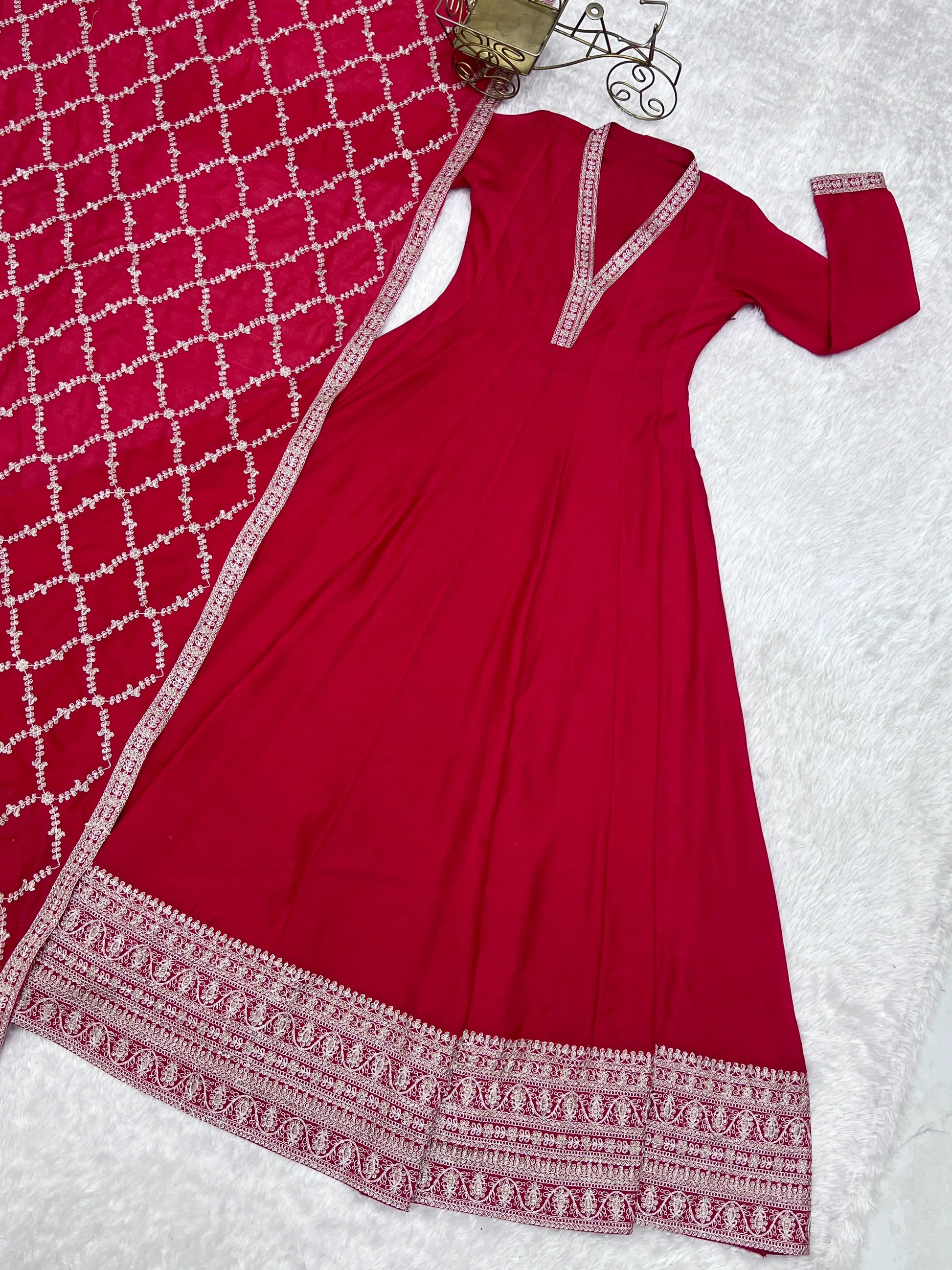 Maroon Vichitra Silk Full Flare Anarkali Gown Set for Festive and Wedding Wear