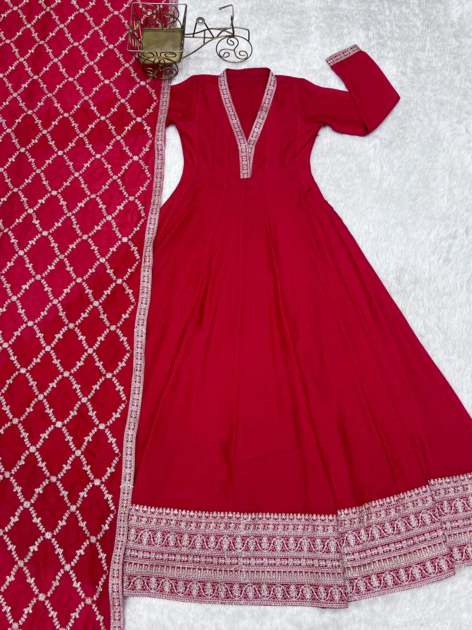 Maroon Vichitra Silk Full Flare Anarkali Gown Set for Festive and Wedding Wear