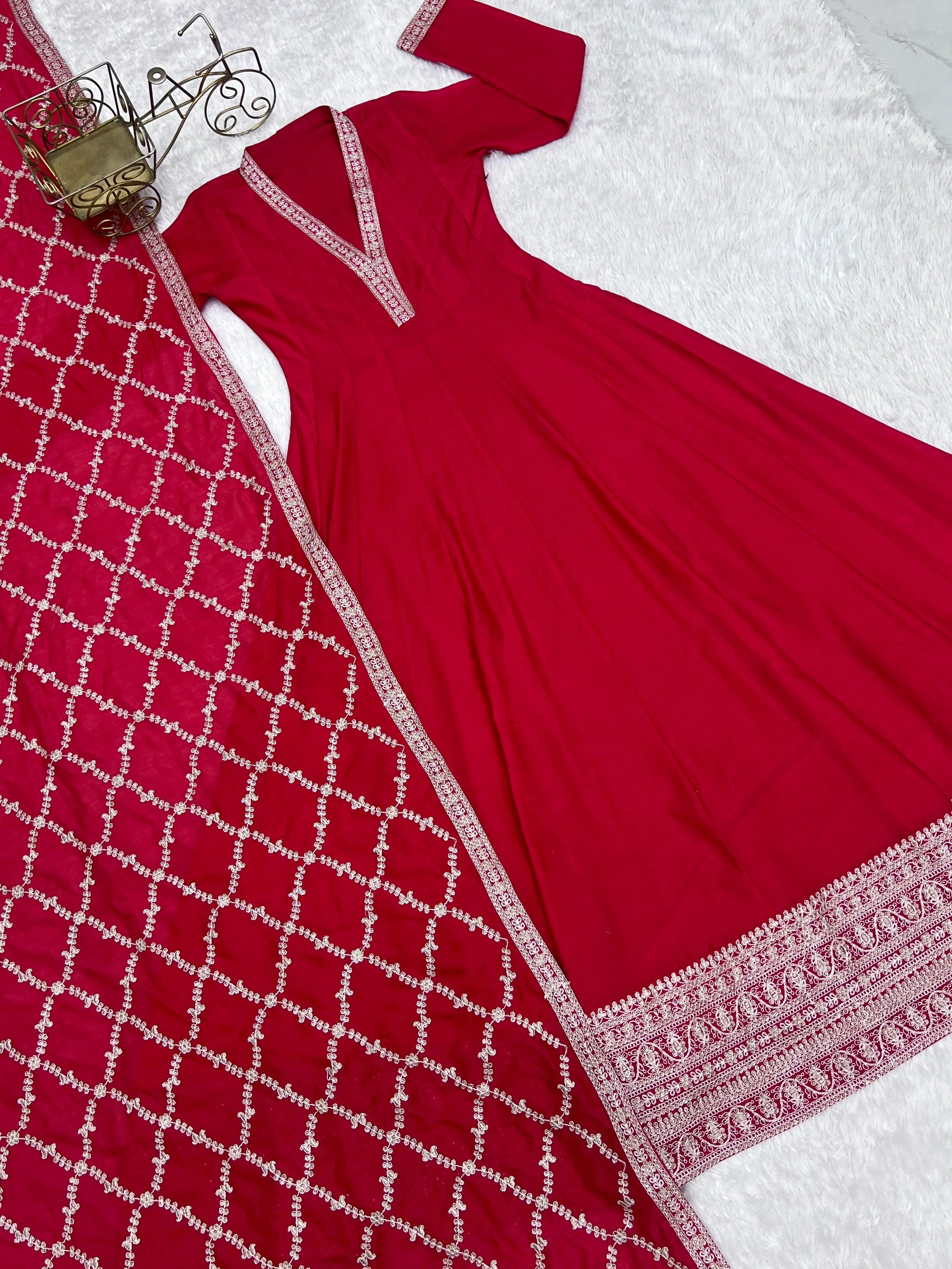 Maroon Vichitra Silk Full Flare Anarkali Gown Set for Festive and Wedding Wear