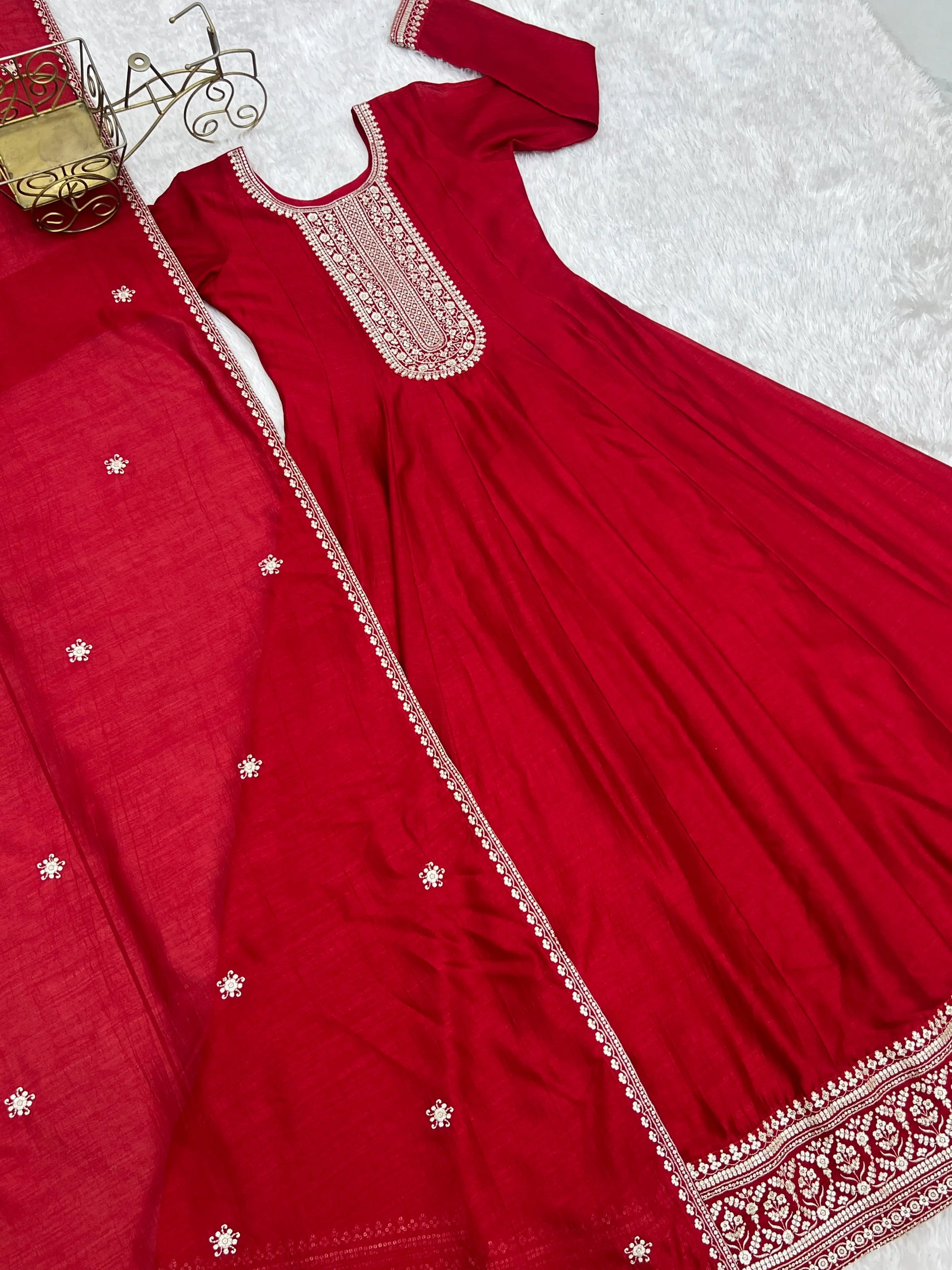 Maroon Vichitra Silk Full Flare Anarkali Gown Set for Festive and Wedding Wear