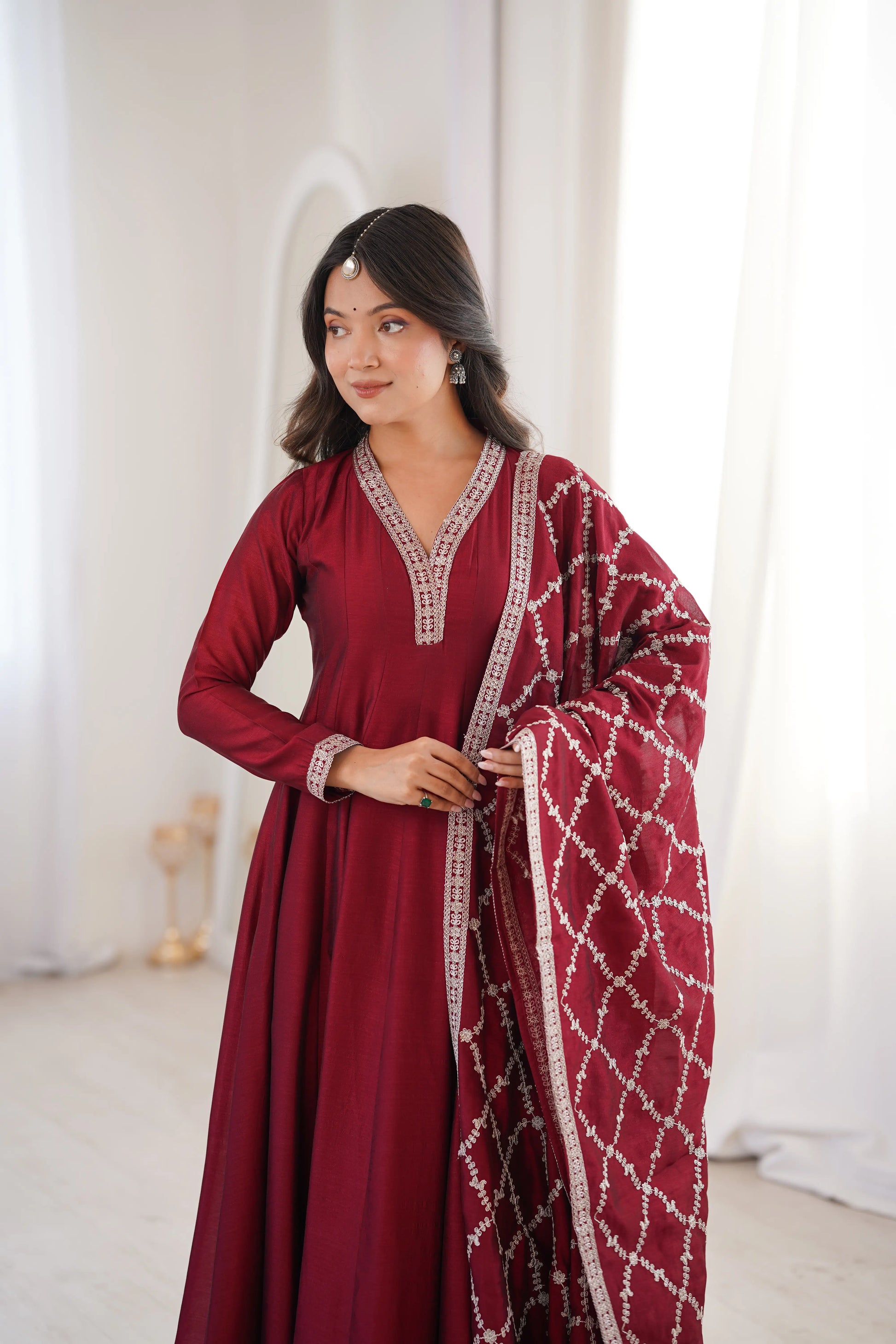 Maroon Vichitra Silk Full Flare Anarkali Gown Set for Festive and Wedding Wear