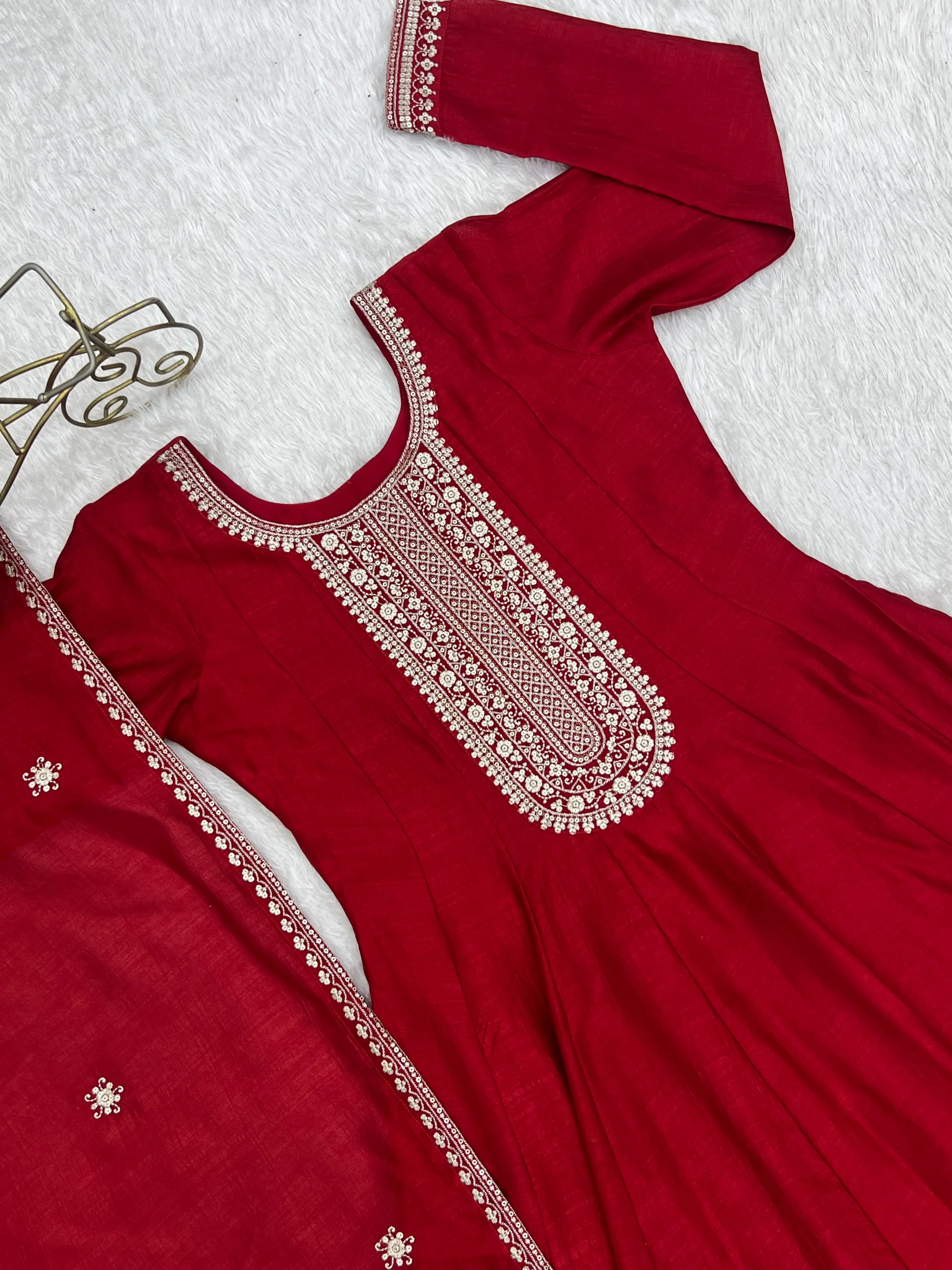 Maroon Vichitra Silk Full Flare Anarkali Gown Set for Festive and Wedding Wear