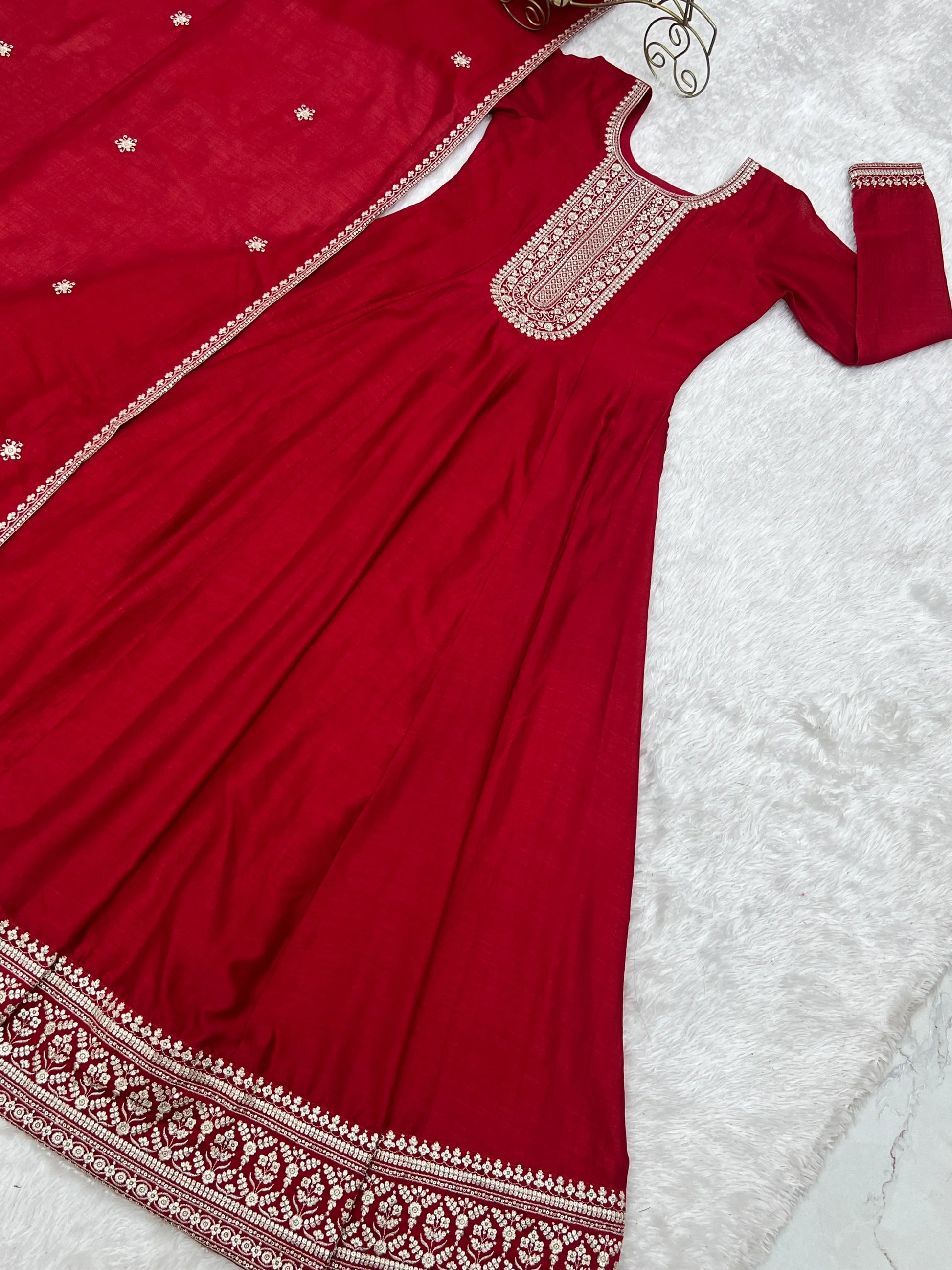Maroon Vichitra Silk Full Flare Anarkali Gown Set for Festive and Wedding Wear