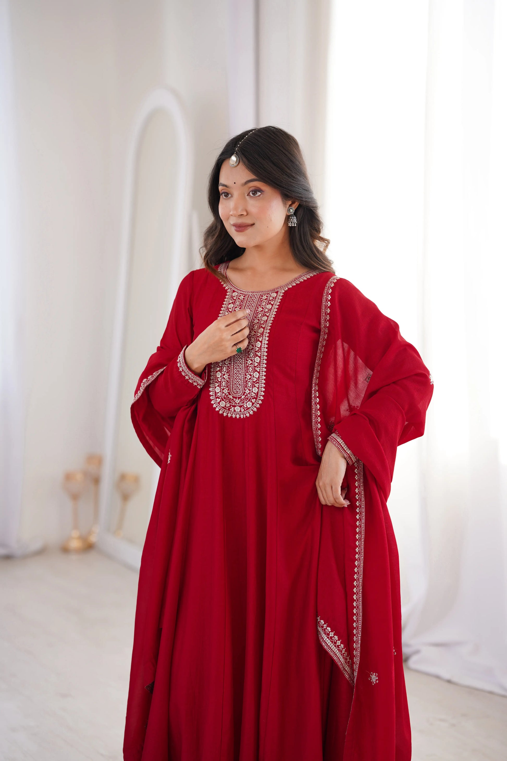 Maroon Vichitra Silk Full Flare Anarkali Gown Set for Festive and Wedding Wear