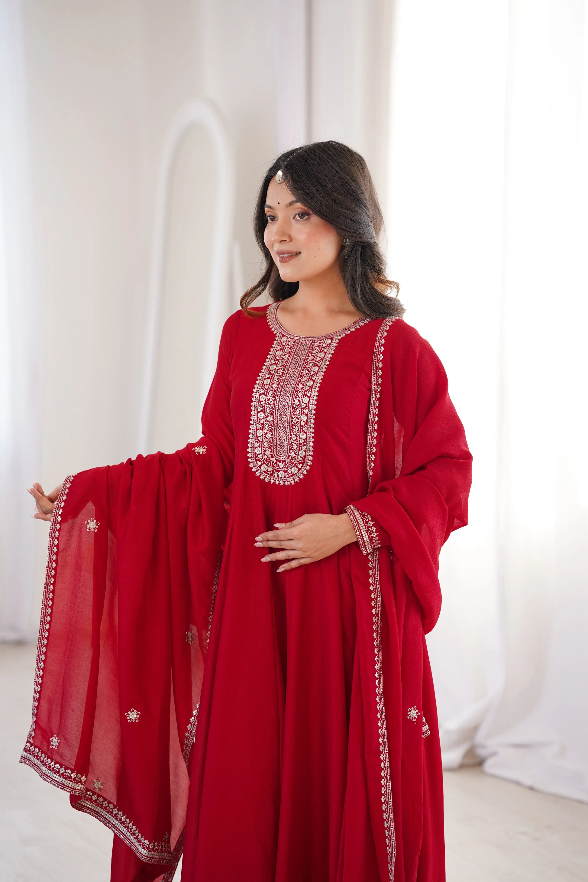 Maroon Vichitra Silk Full Flare Anarkali Gown Set for Festive and Wedding Wear