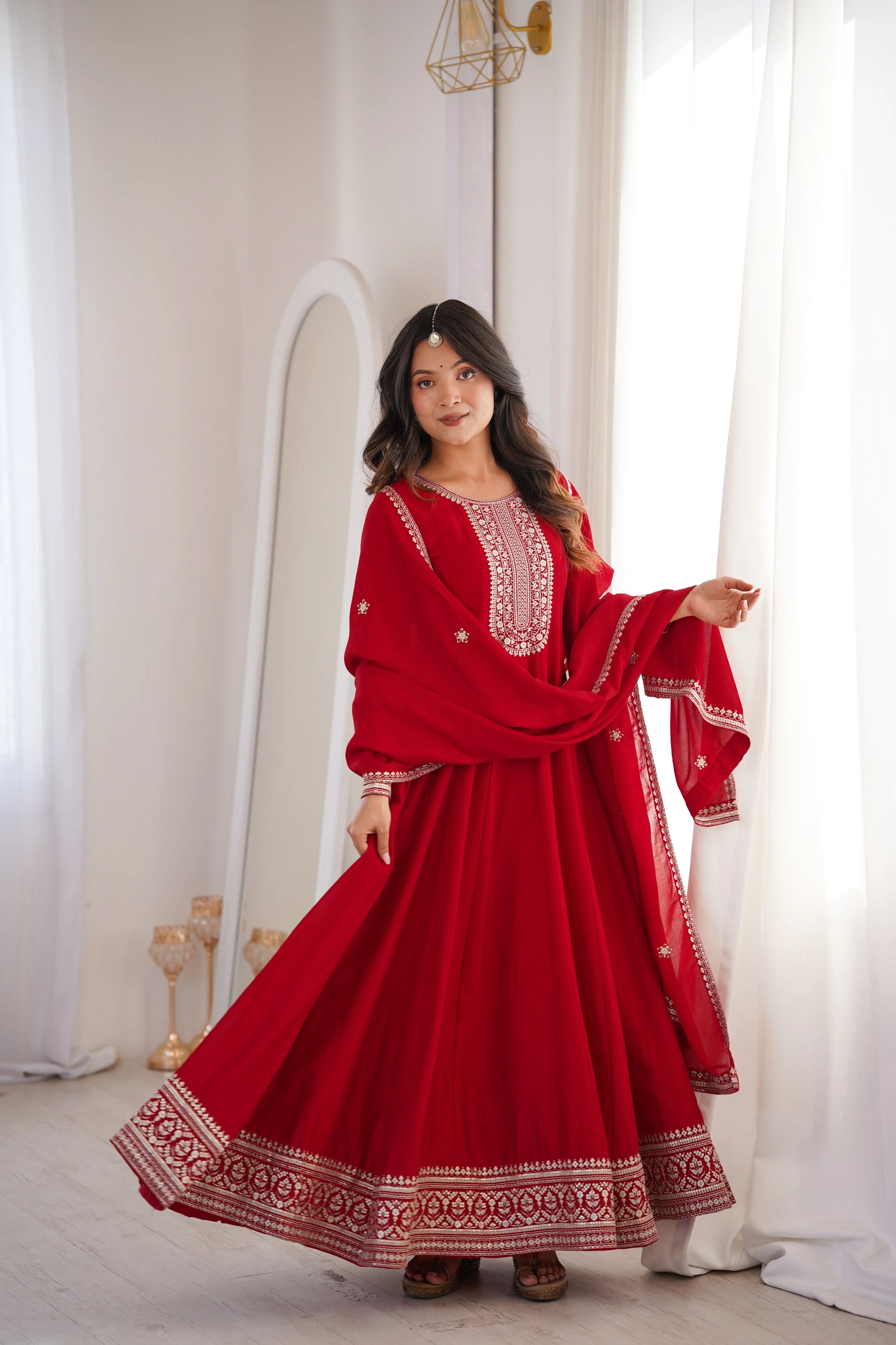 Maroon Vichitra Silk Full Flare Anarkali Gown Set for Festive and Wedding Wear
