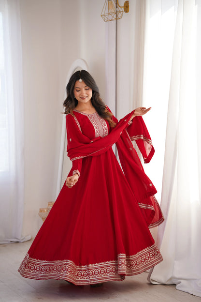 Maroon Vichitra Silk Full Flare Anarkali Gown Set for Festive and Wedding Wear
