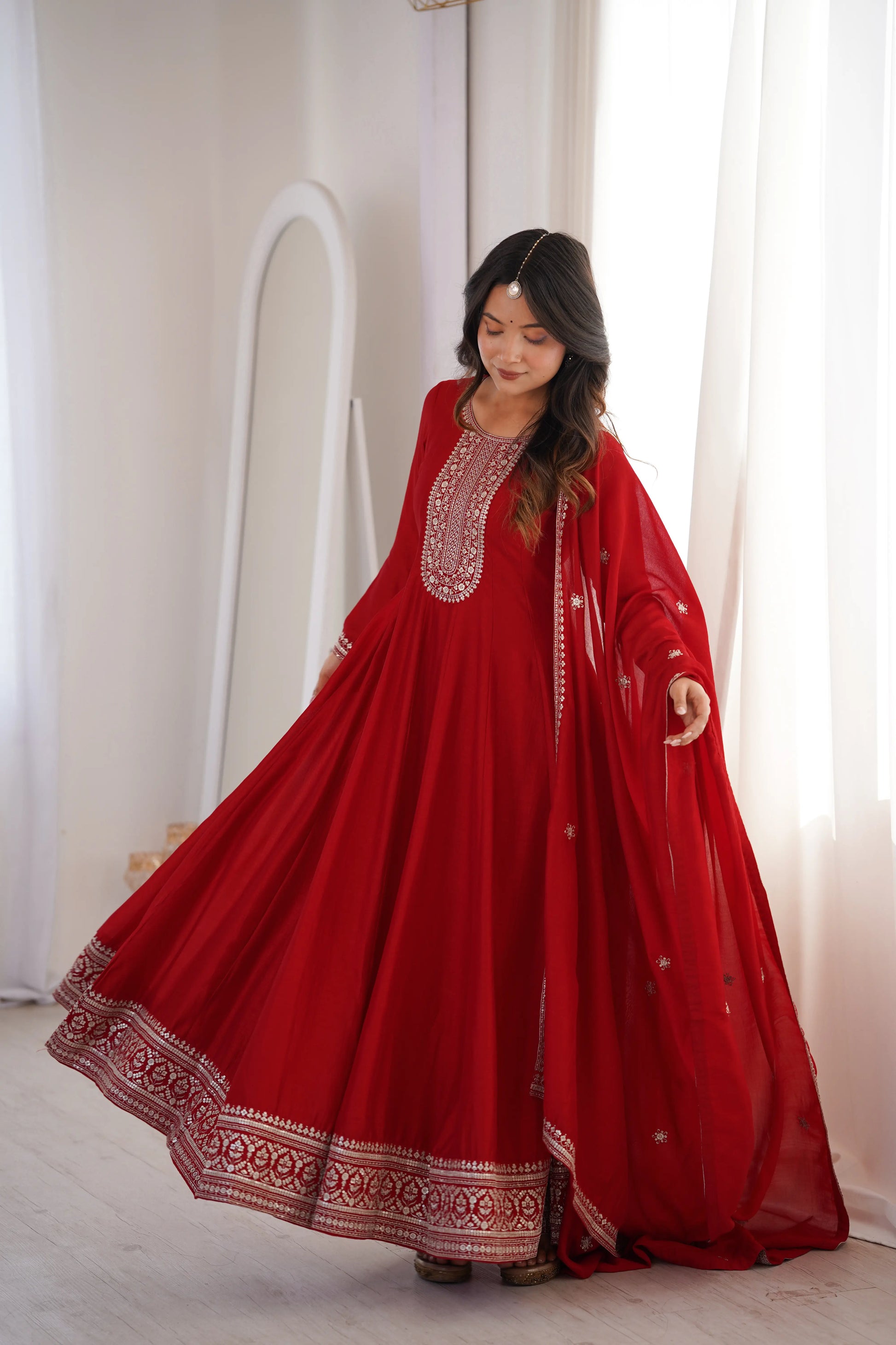 Maroon Vichitra Silk Full Flare Anarkali Gown Set for Festive and Wedding Wear