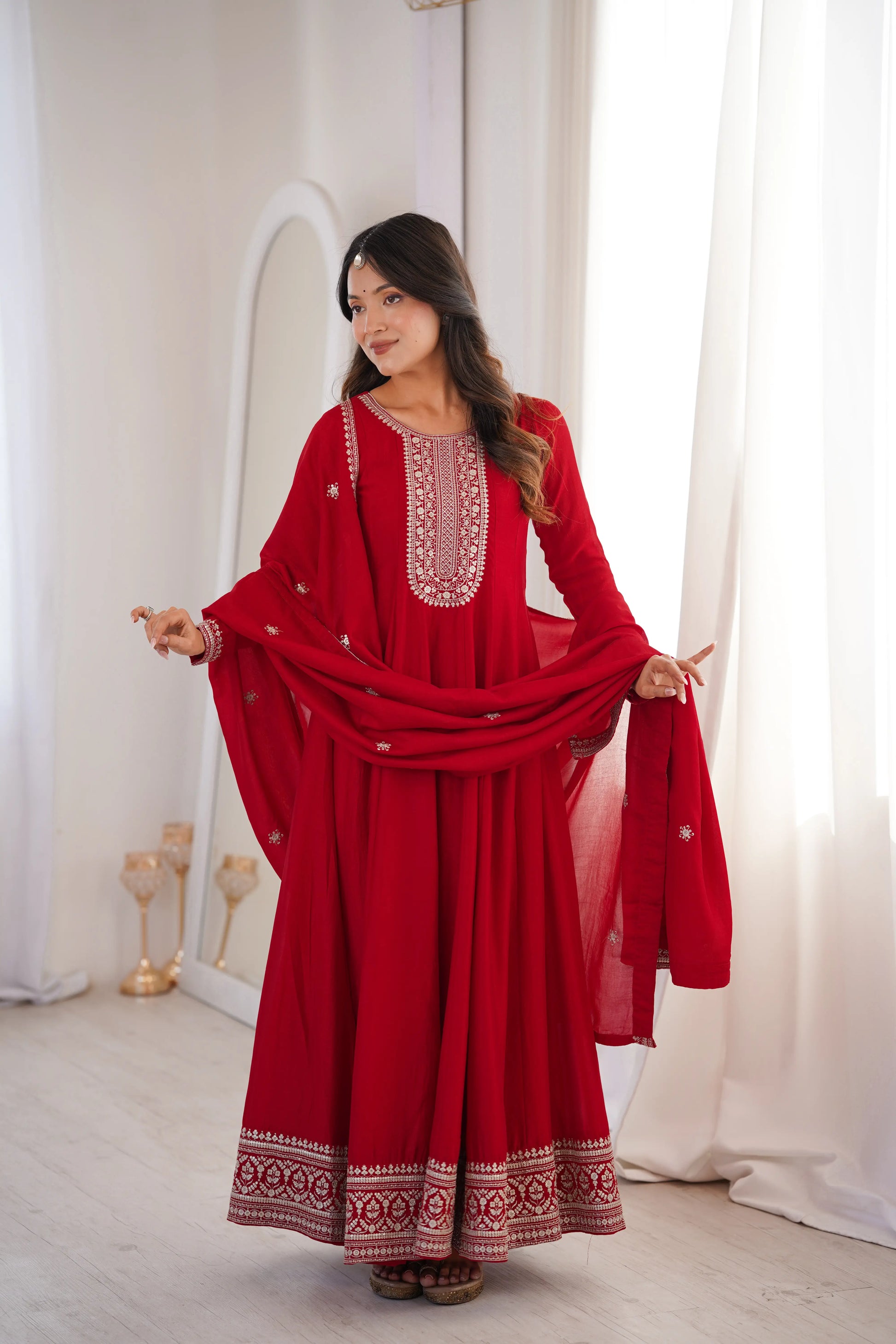 Maroon Vichitra Silk Full Flare Anarkali Gown Set for Festive and Wedding Wear