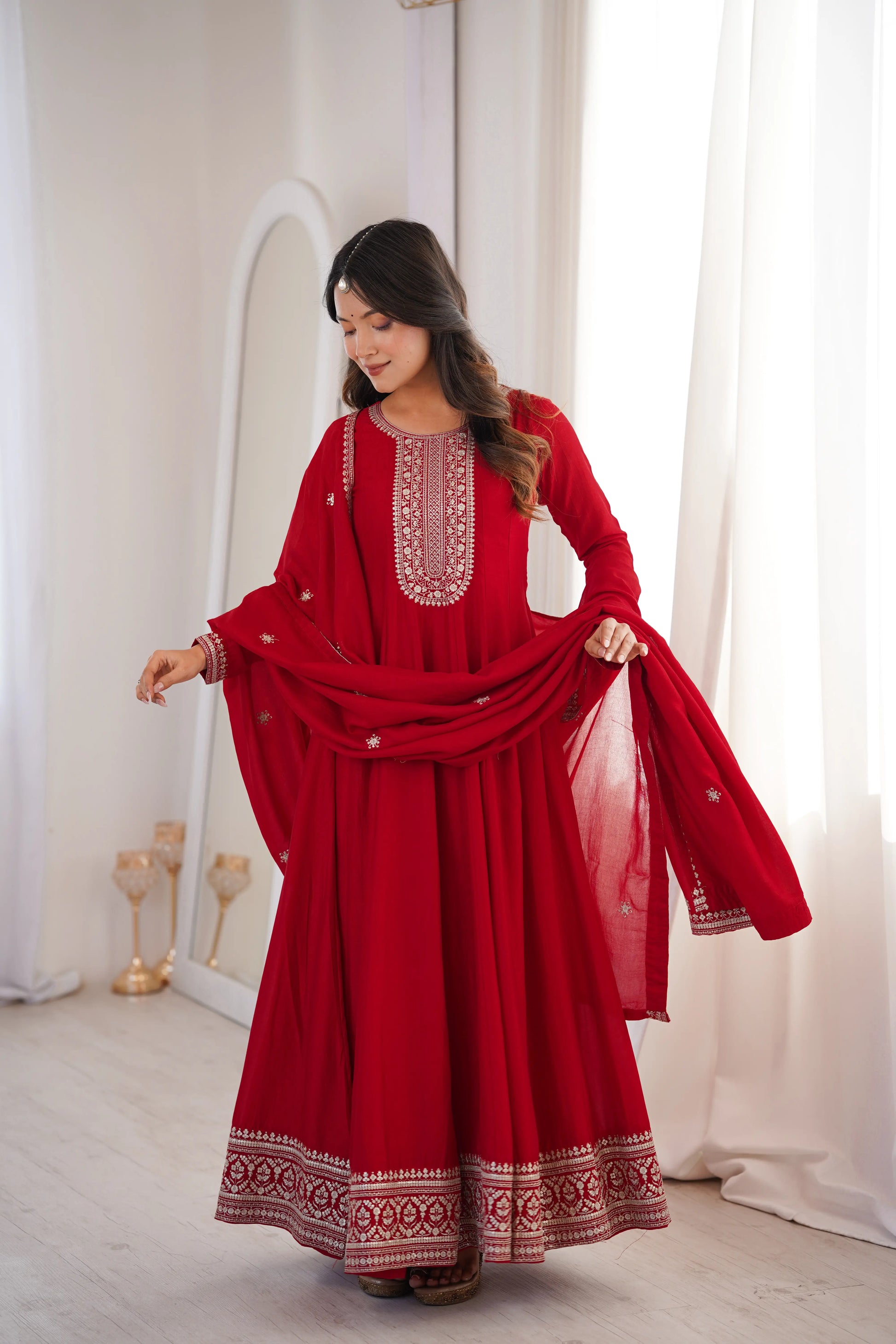 Maroon Vichitra Silk Full Flare Anarkali Gown Set for Festive and Wedding Wear