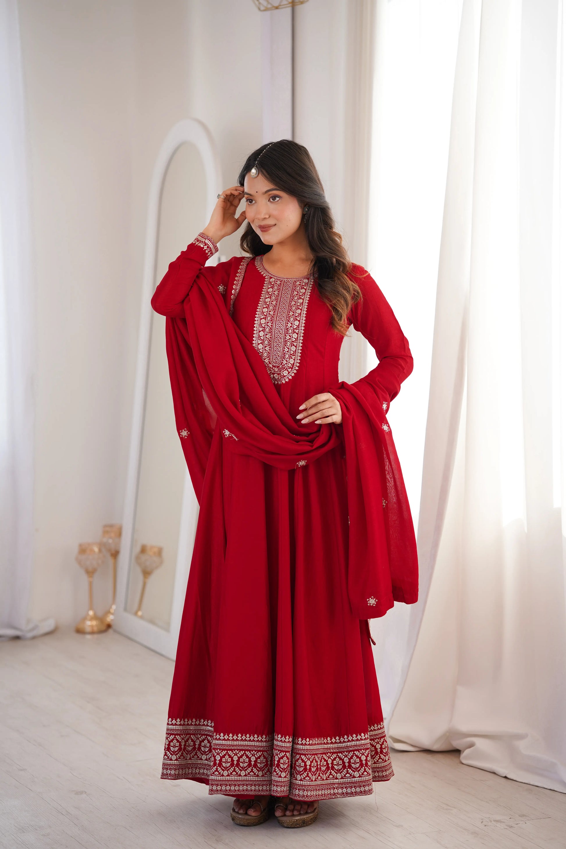 Maroon Vichitra Silk Full Flare Anarkali Gown Set for Festive and Wedding Wear