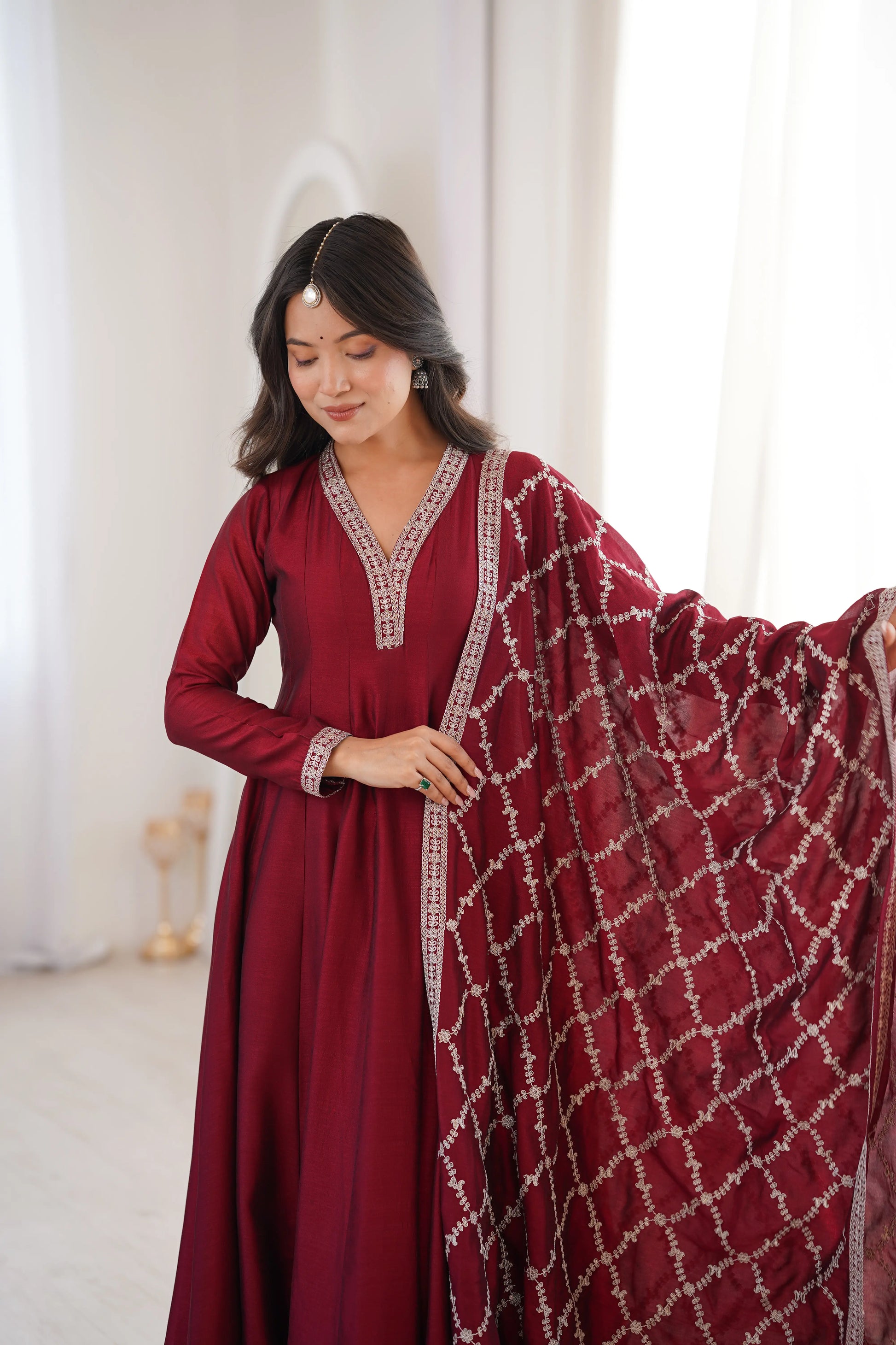 Maroon Vichitra Silk Full Flare Anarkali Gown Set for Festive and Wedding Wear