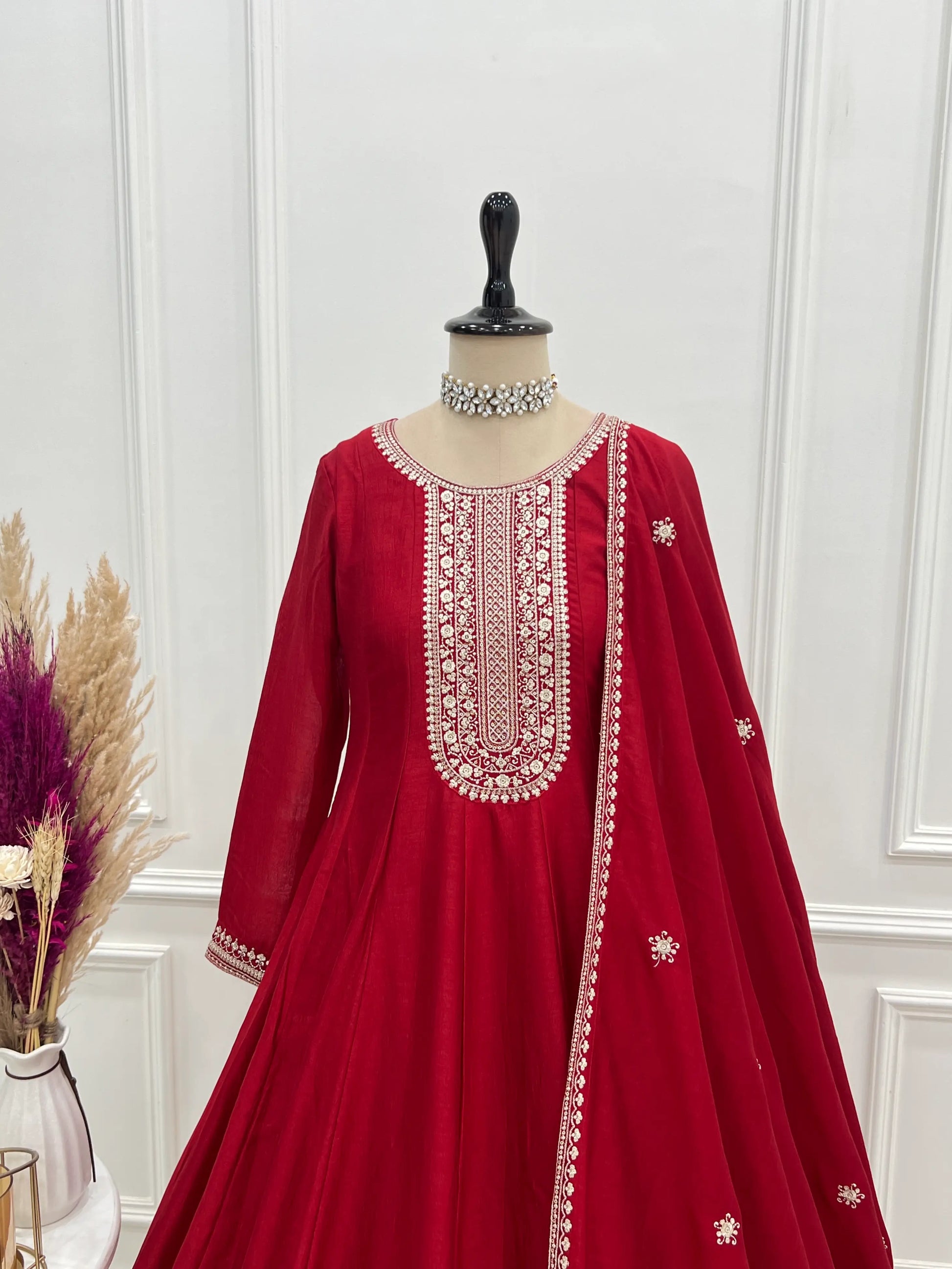 Maroon Vichitra Silk Full Flare Anarkali Gown Set for Festive and Wedding Wear
