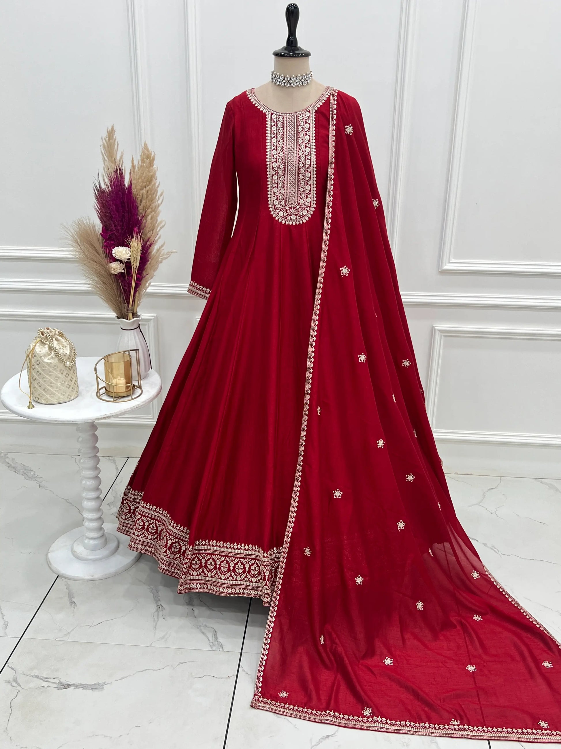 Maroon Vichitra Silk Full Flare Anarkali Gown Set for Festive and Wedding Wear