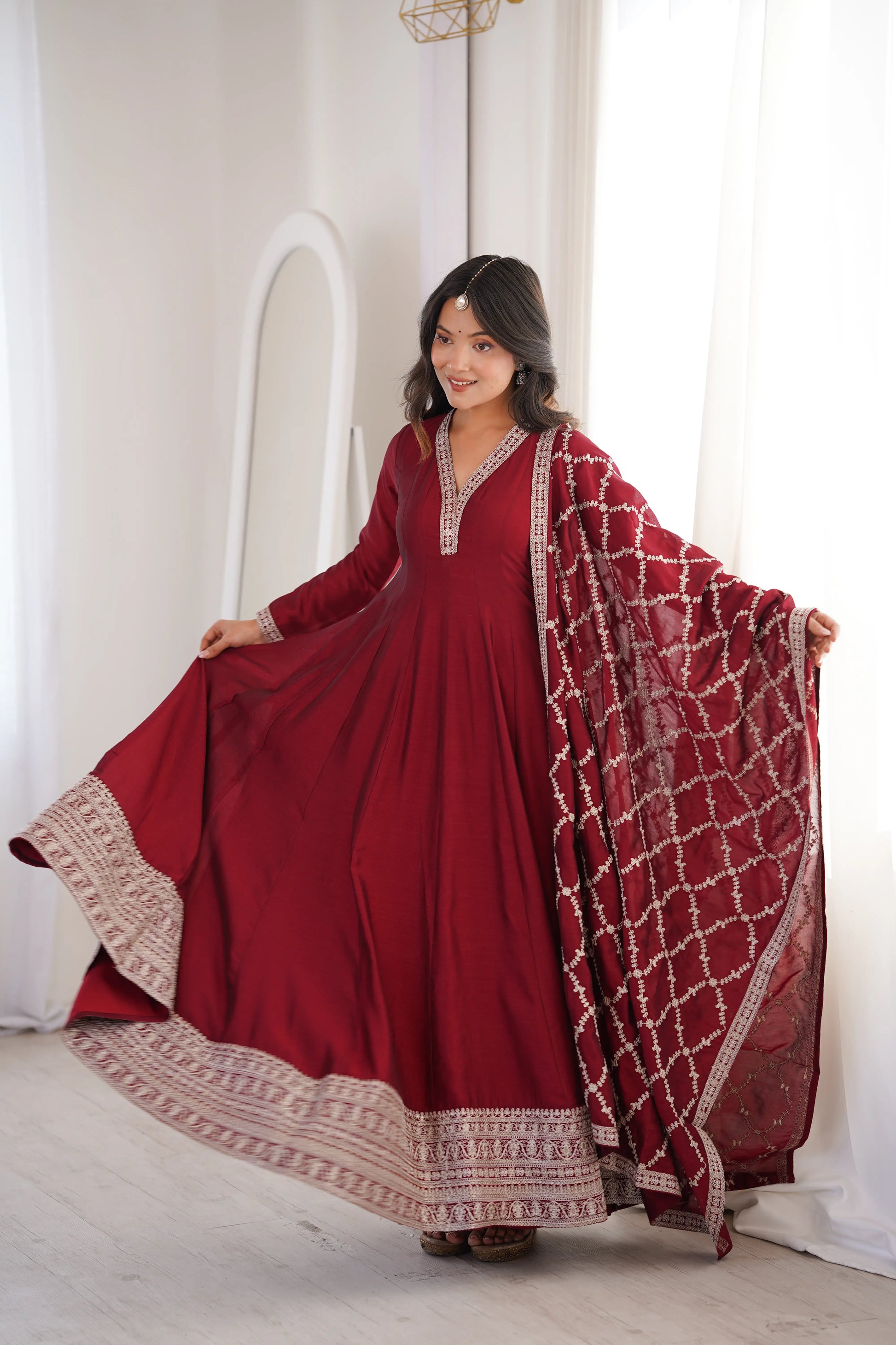 Maroon Vichitra Silk Full Flare Anarkali Gown Set for Festive and Wedding Wear