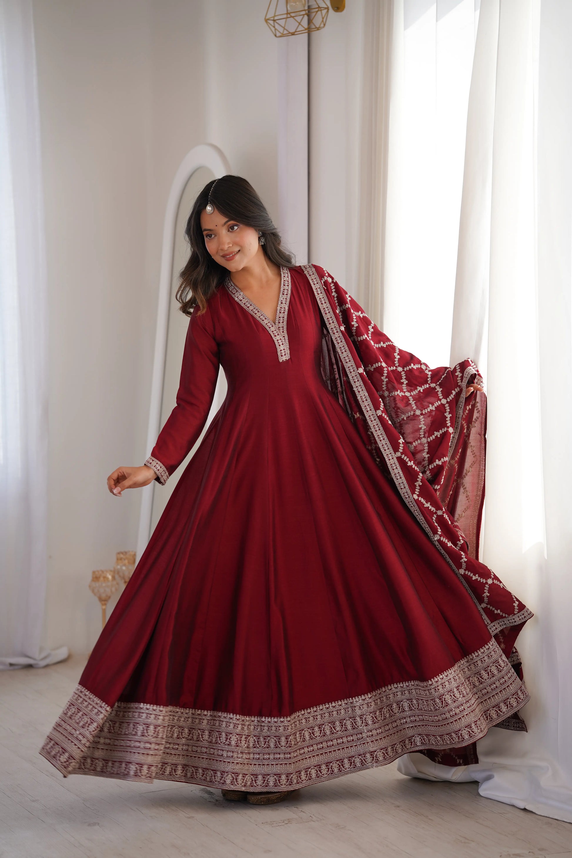 Maroon Vichitra Silk Full Flare Anarkali Gown Set for Festive and Wedding Wear