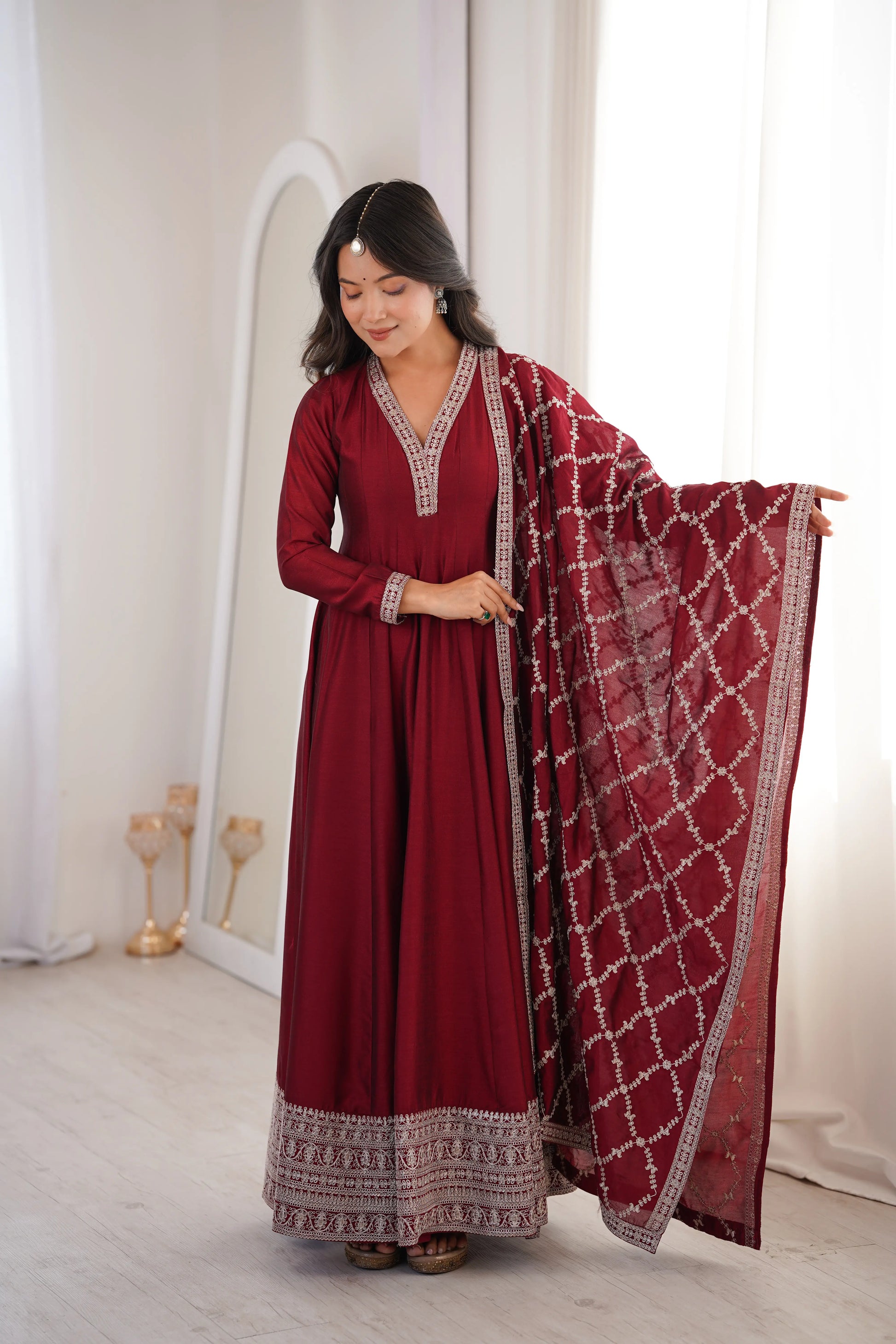 Maroon Vichitra Silk Full Flare Anarkali Gown Set for Festive and Wedding Wear
