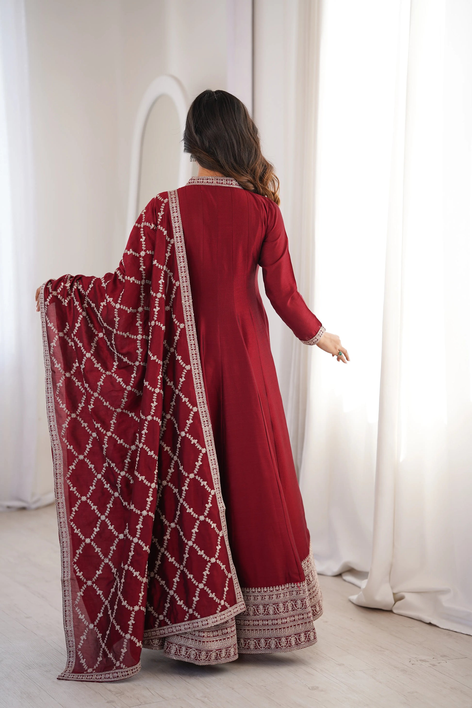 Maroon Vichitra Silk Full Flare Anarkali Gown Set for Festive and Wedding Wear