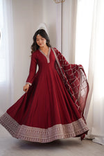 Maroon Vichitra Silk Full Flare Anarkali Gown Set for Festive and Wedding Wear