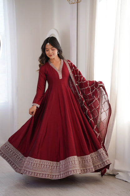 Maroon Vichitra Silk Full Flare Anarkali Gown Set for Festive and Wedding Wear
