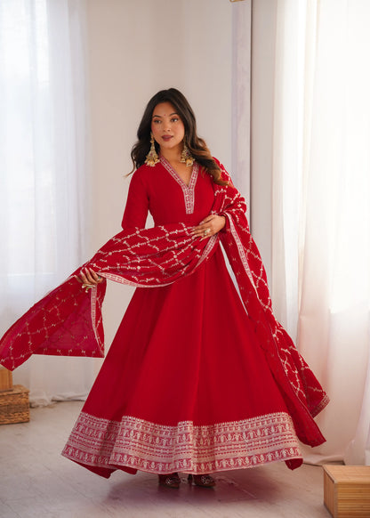 Maroon Vichitra Silk Full Flare Anarkali Gown Set for Festive and Wedding Wear