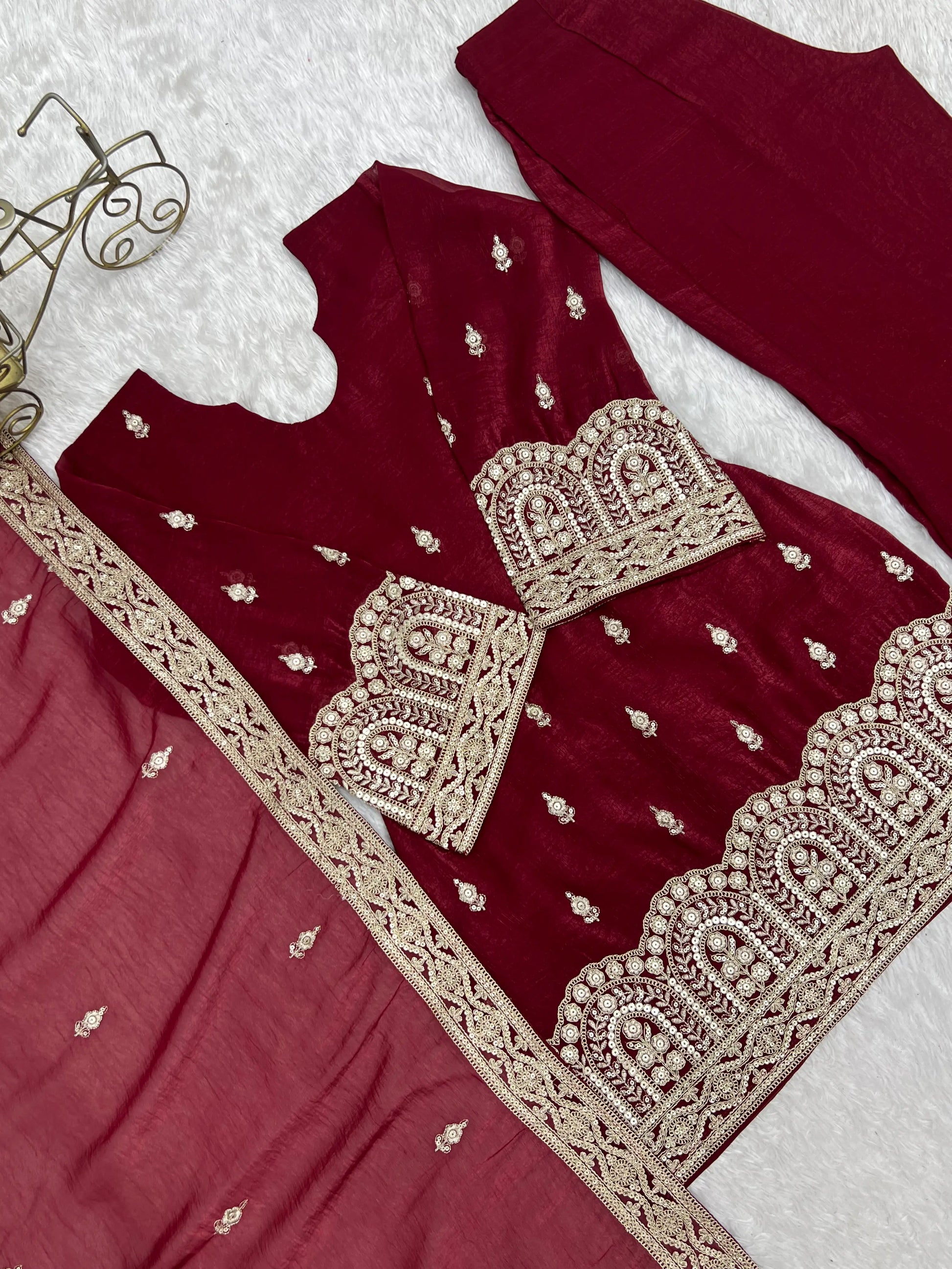 Maroon Zari Kurta Bell Bottom Set