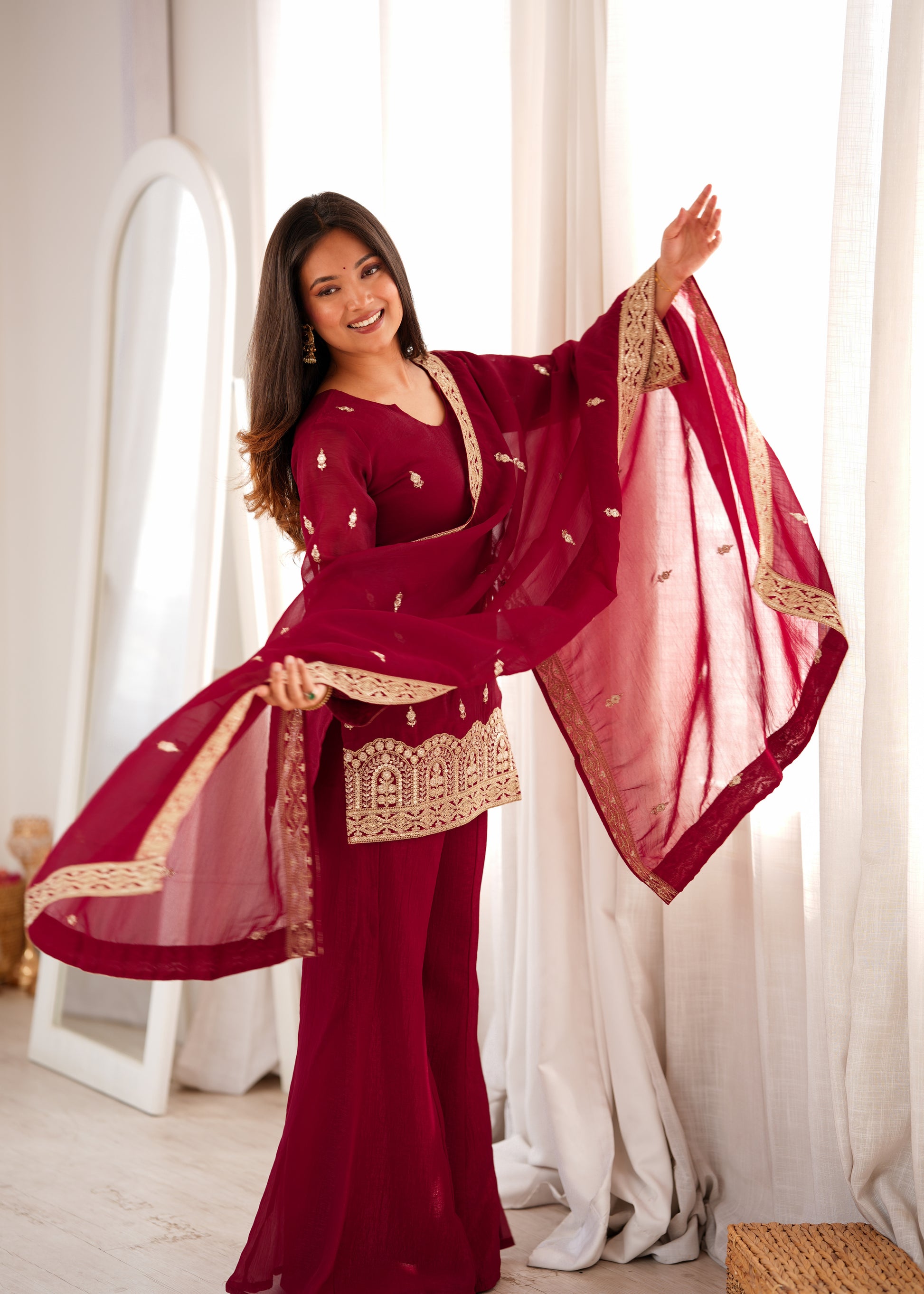 Maroon Zari Kurta Bell Bottom Set