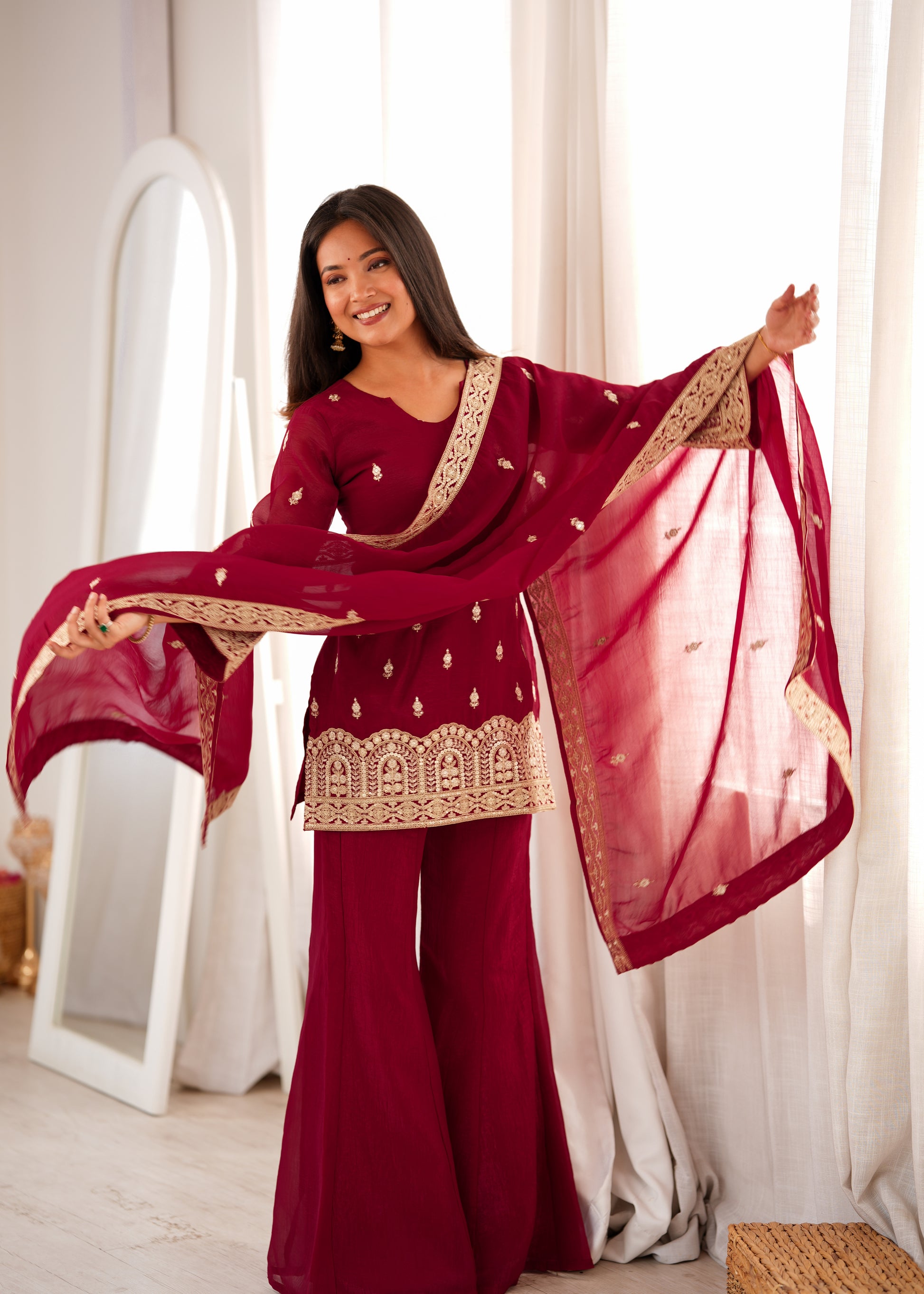 Maroon Zari Kurta Bell Bottom Set