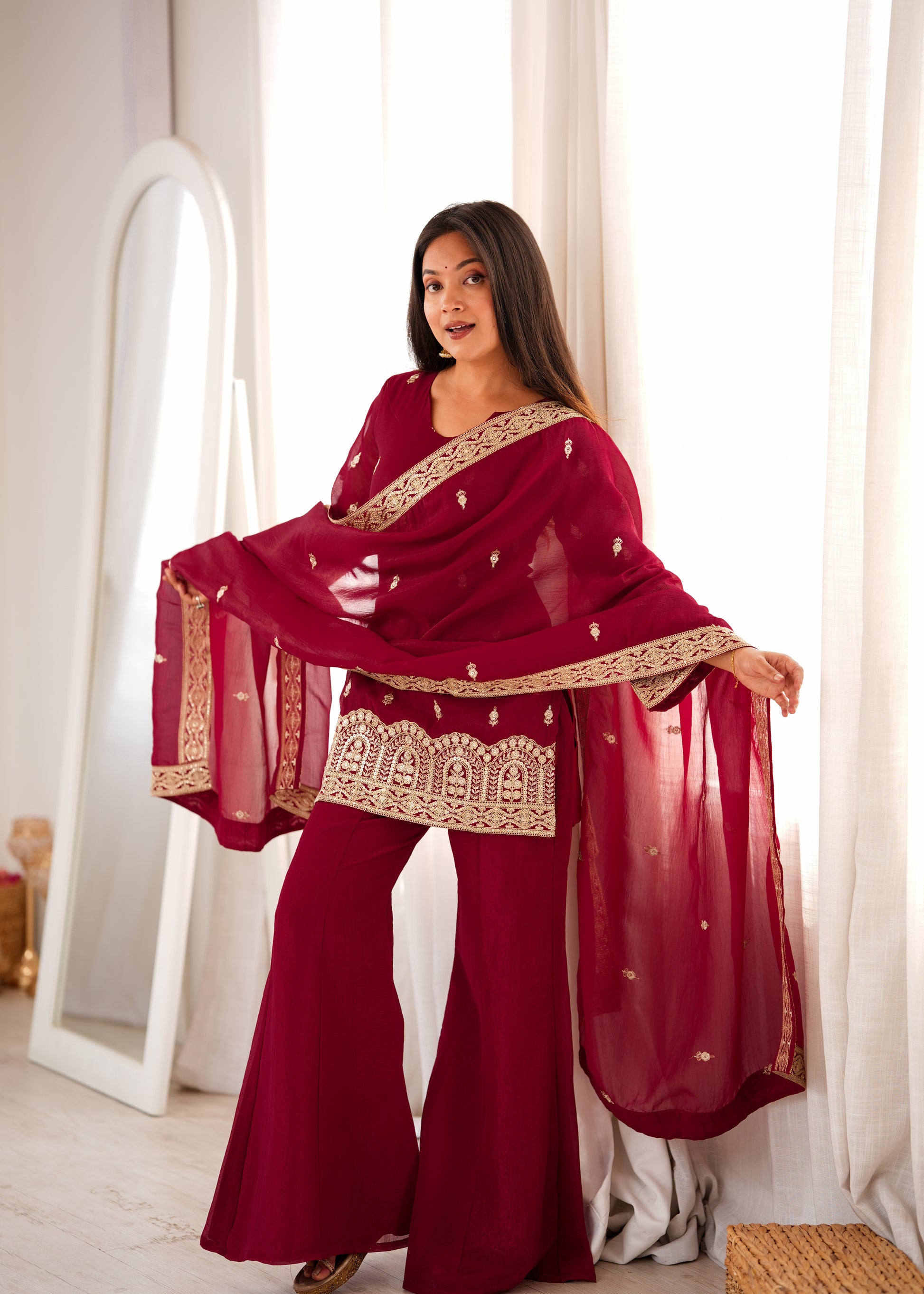 Maroon Zari Kurta Bell Bottom Set