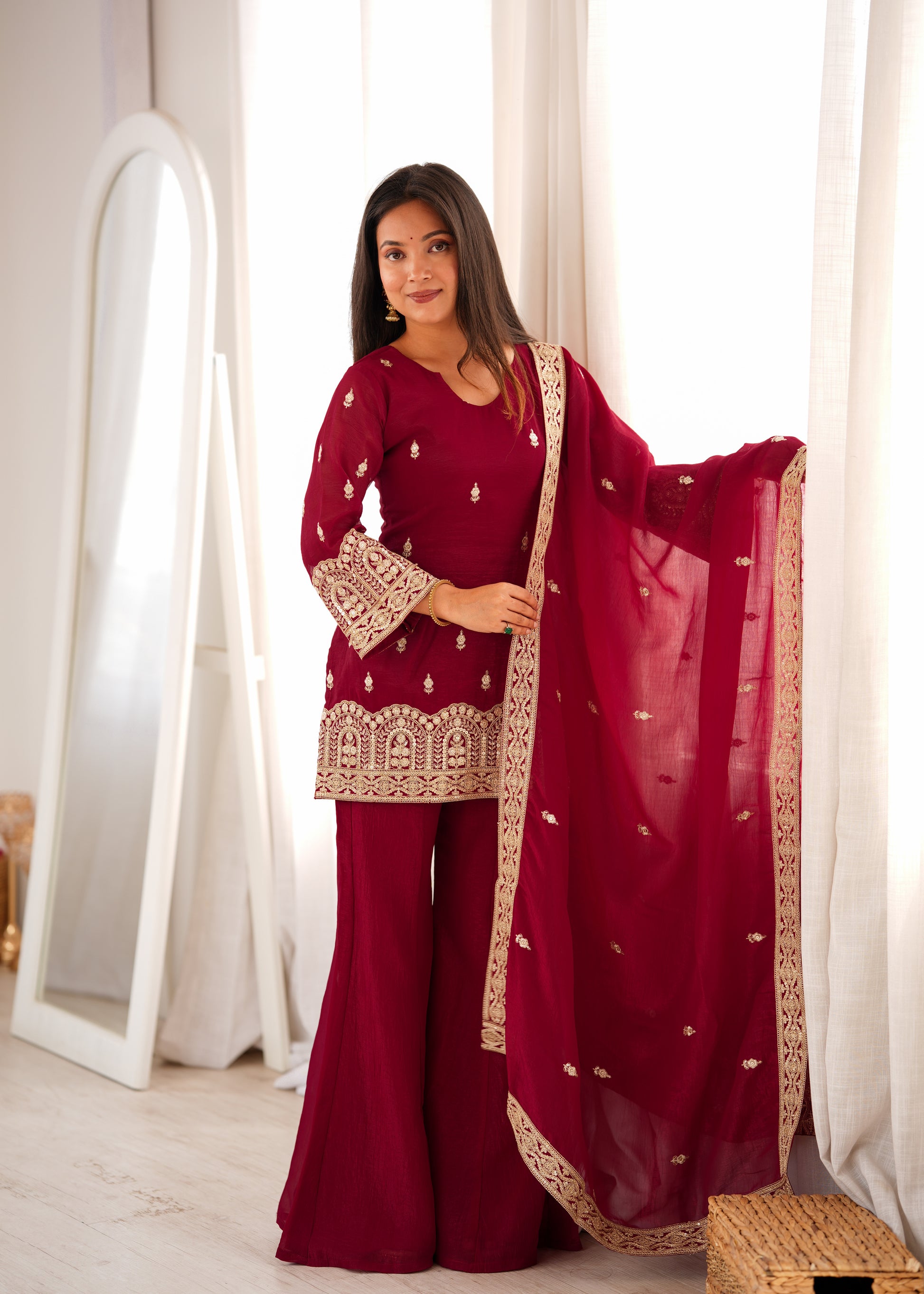 Maroon Zari Kurta Bell Bottom Set