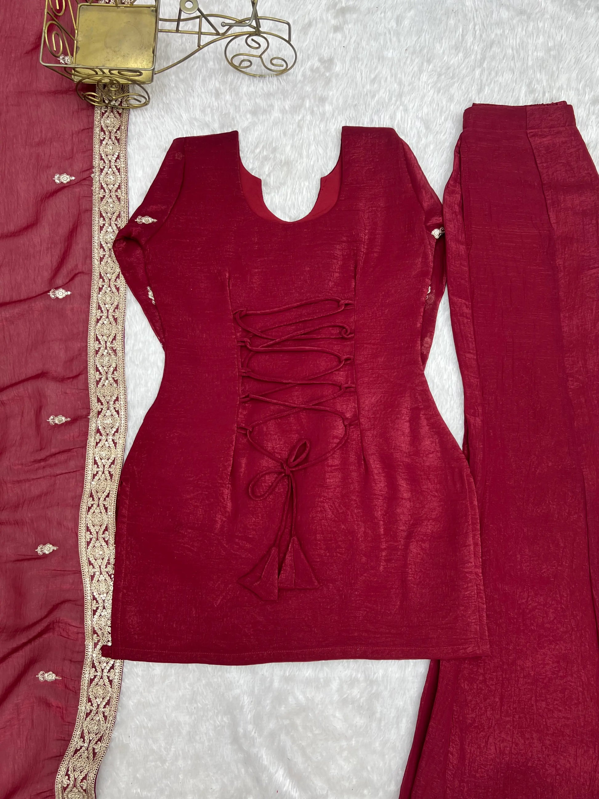 Maroon Zari Kurta Bell Bottom Set