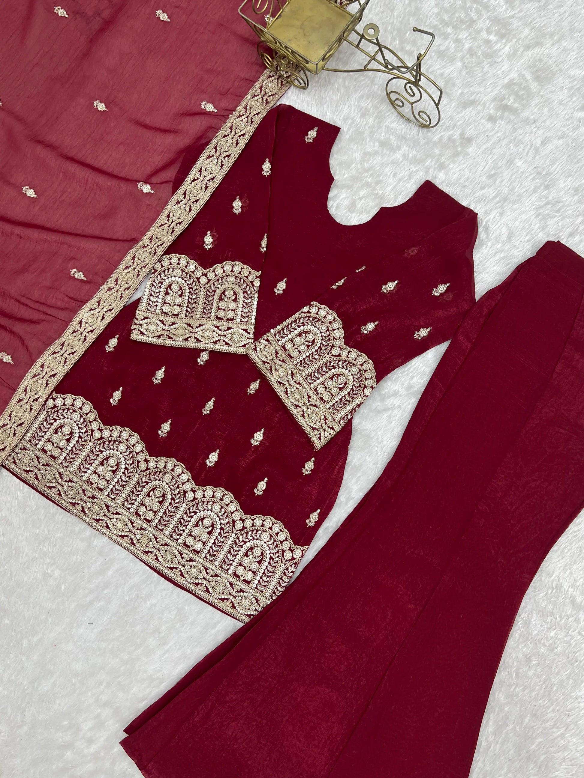 Maroon Zari Kurta Bell Bottom Set