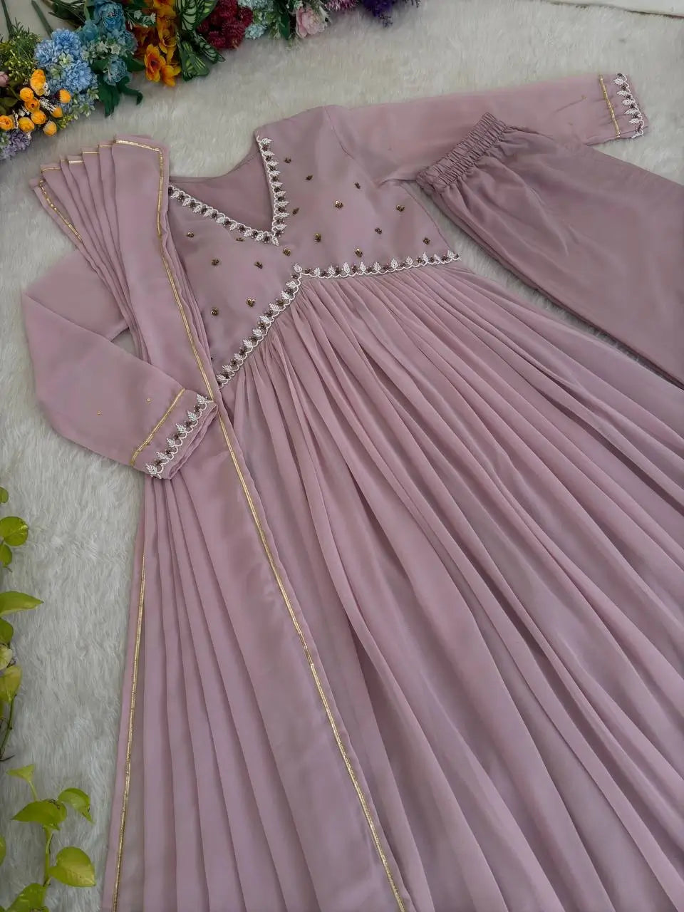 Mauve Fox Georgette Anarkali Gown Set with Dupatta
