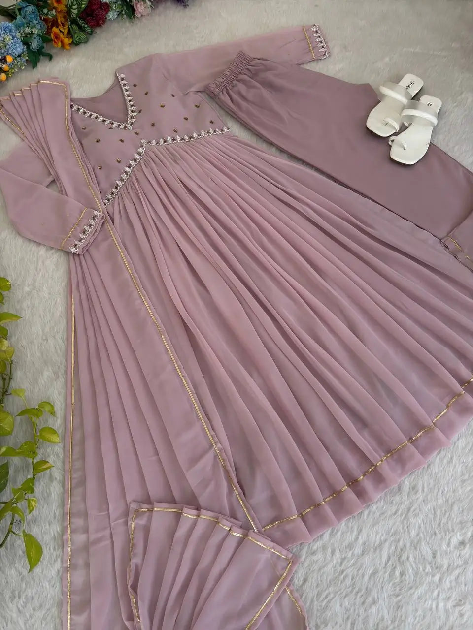 Mauve Fox Georgette Anarkali Gown Set with Dupatta