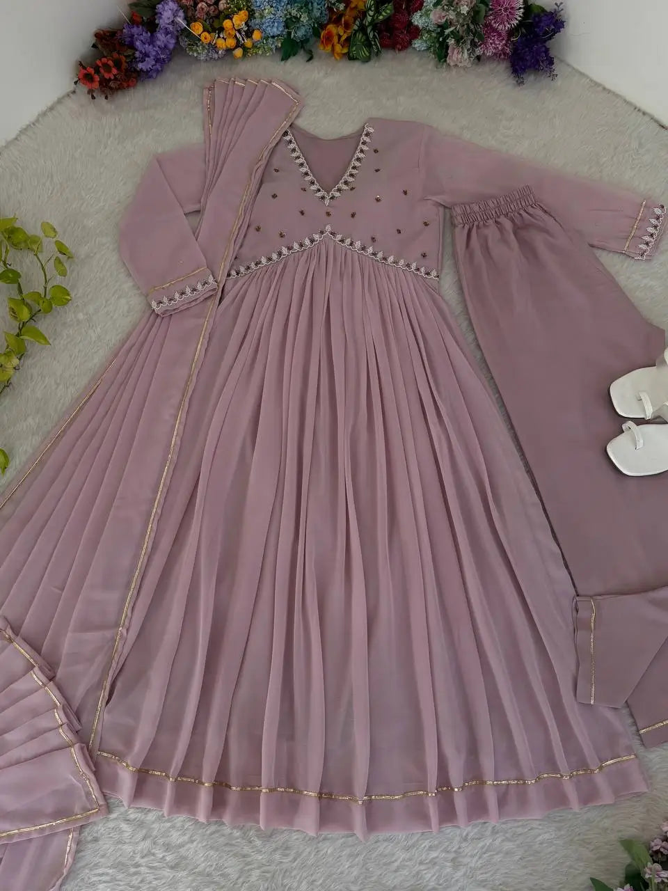 Mauve Fox Georgette Anarkali Gown Set with Dupatta