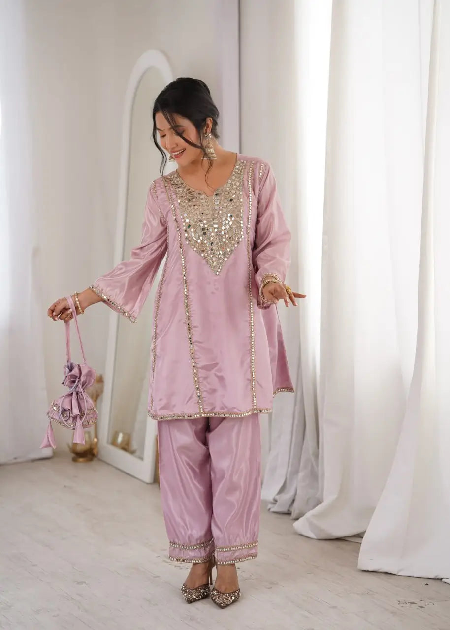 Mauve Mirror Yoke Bell Sleeve Kurta Set