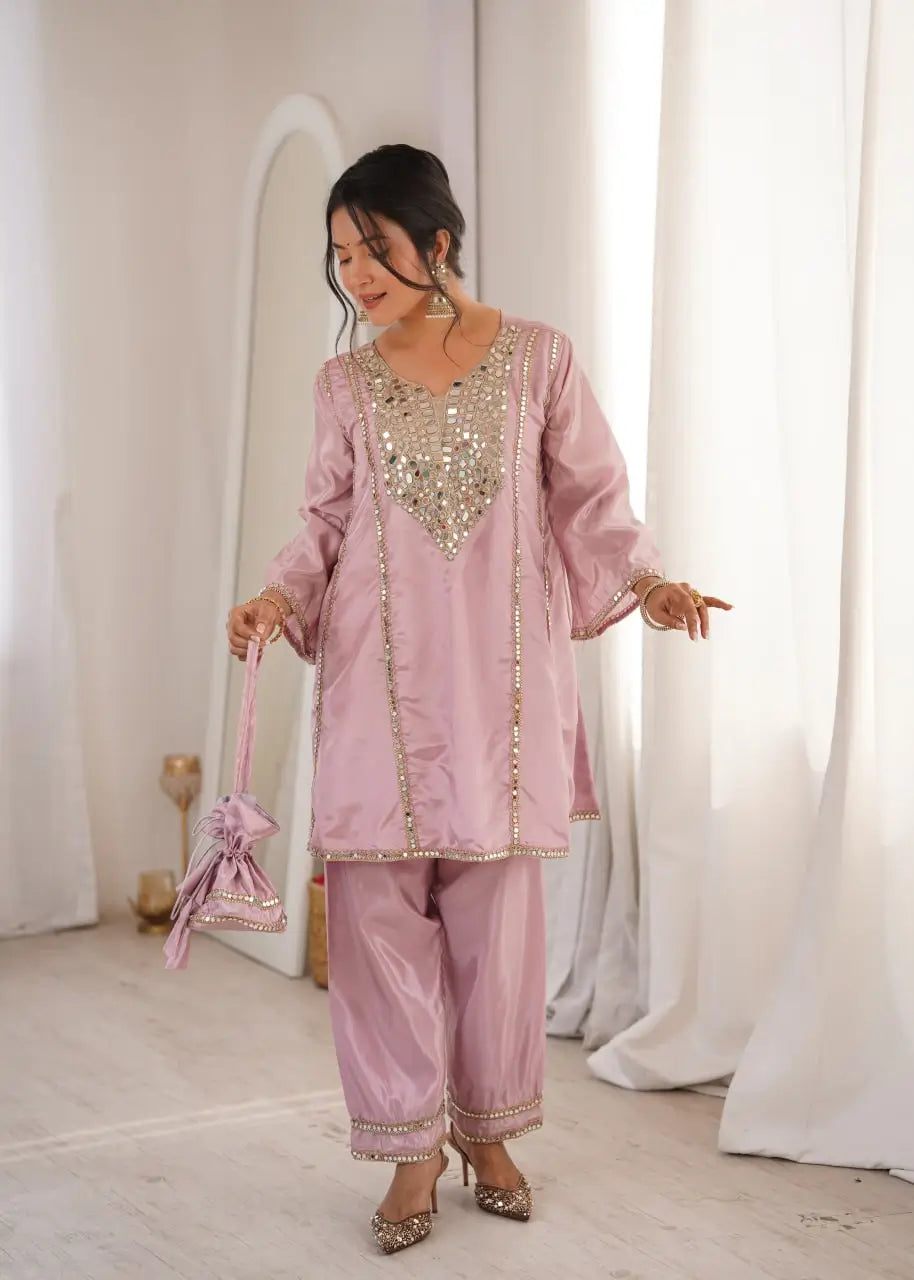 Mauve Mirror Yoke Bell Sleeve Kurta Set