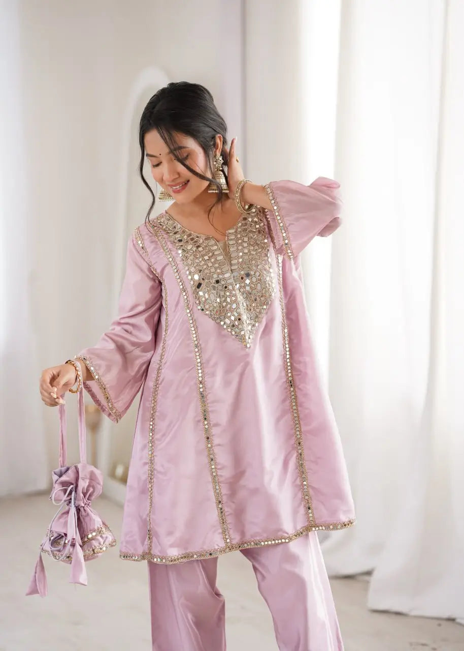 Mauve Mirror Yoke Bell Sleeve Kurta Set