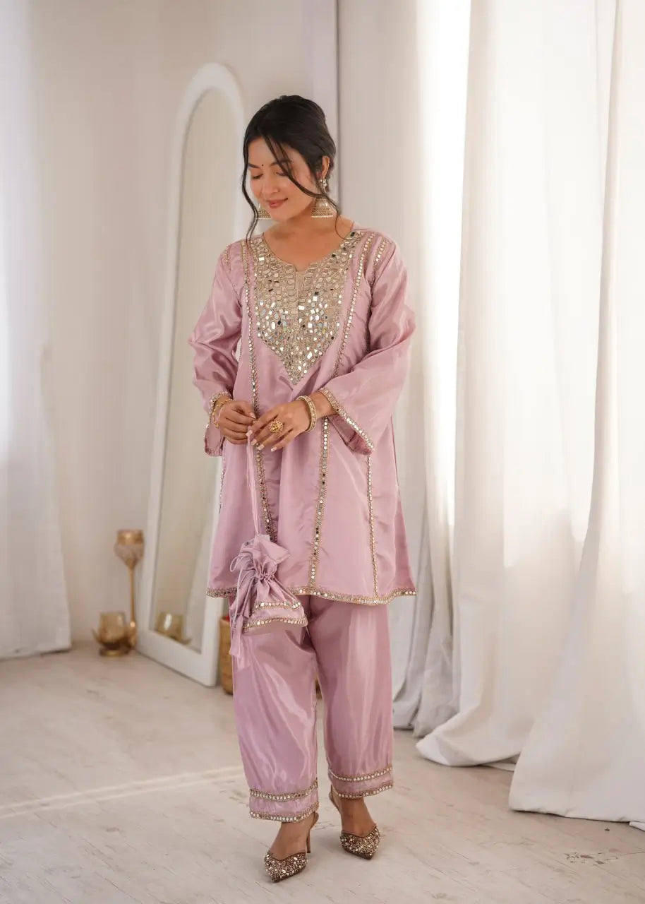 Mauve Mirror Yoke Bell Sleeve Kurta Set