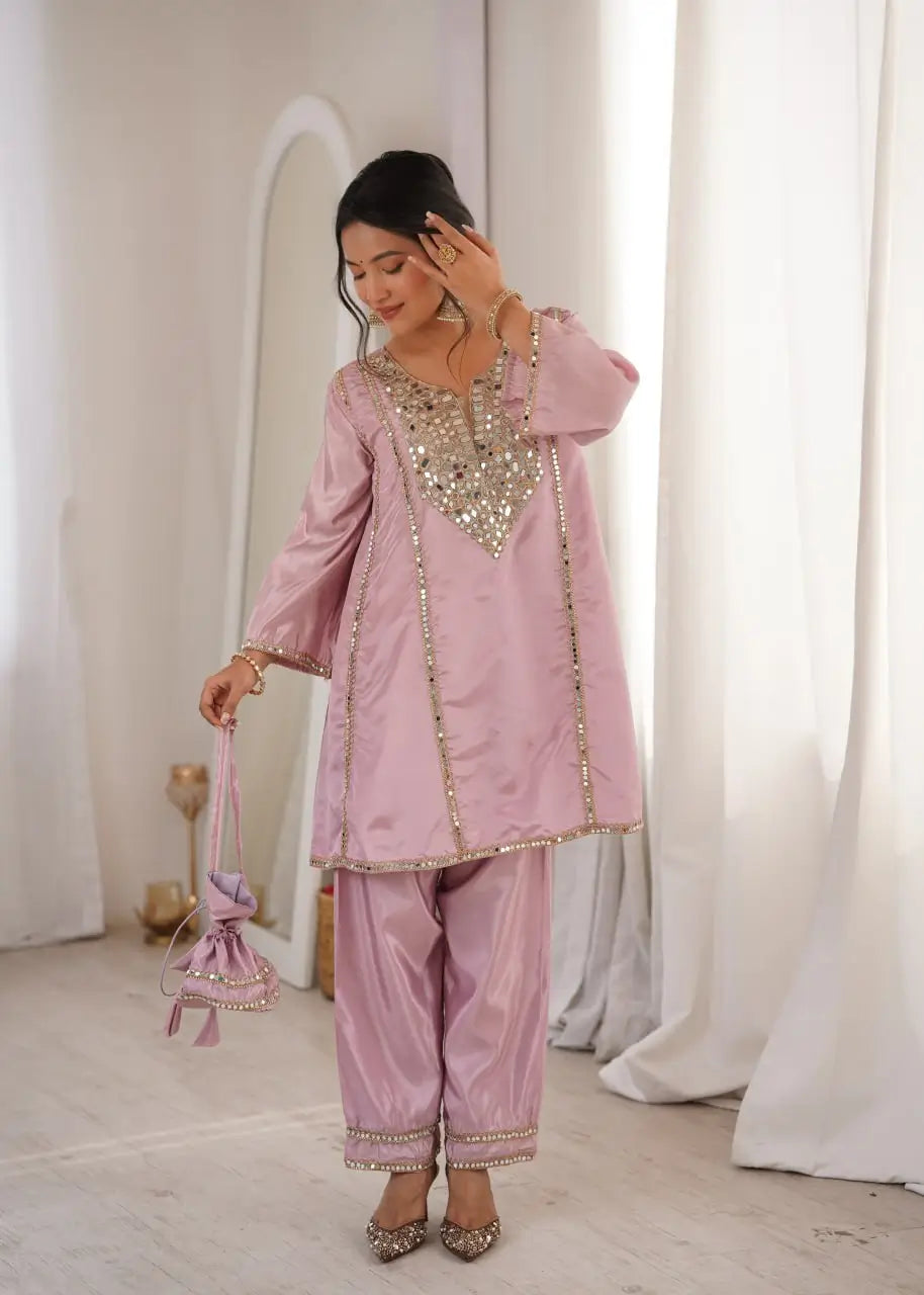 Mauve Mirror Yoke Bell Sleeve Kurta Set