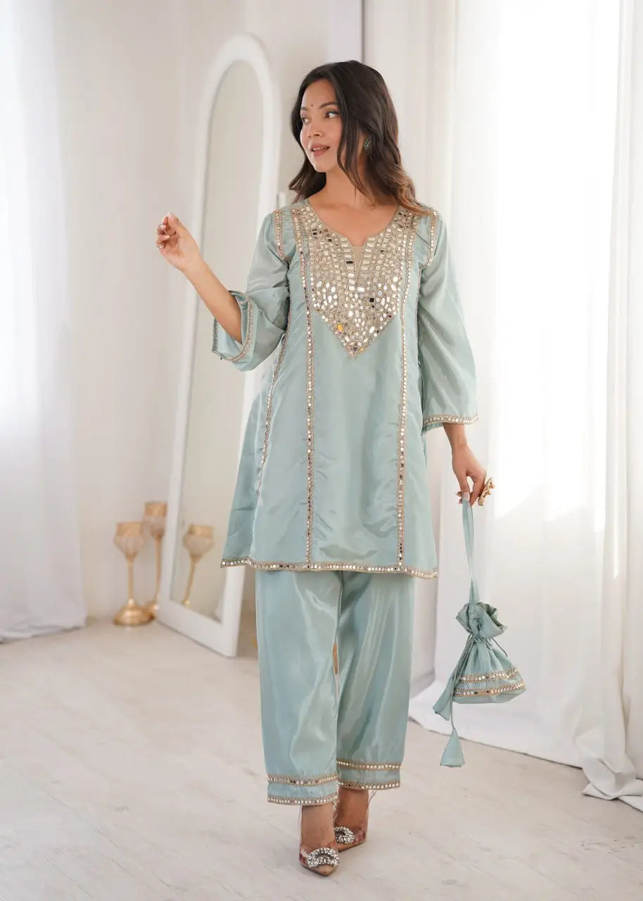 Mauve Mirror Yoke Bell Sleeve Kurta Set