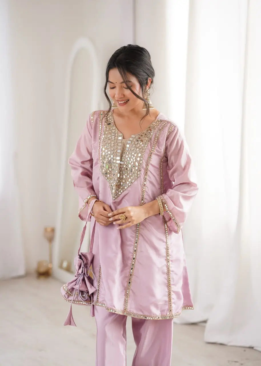Mauve Mirror Yoke Bell Sleeve Kurta Set
