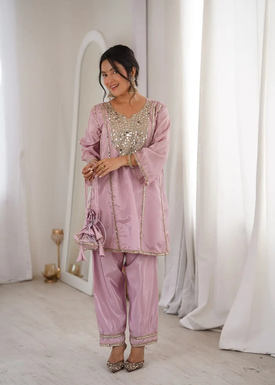 Mauve Mirror Yoke Bell Sleeve Kurta Set