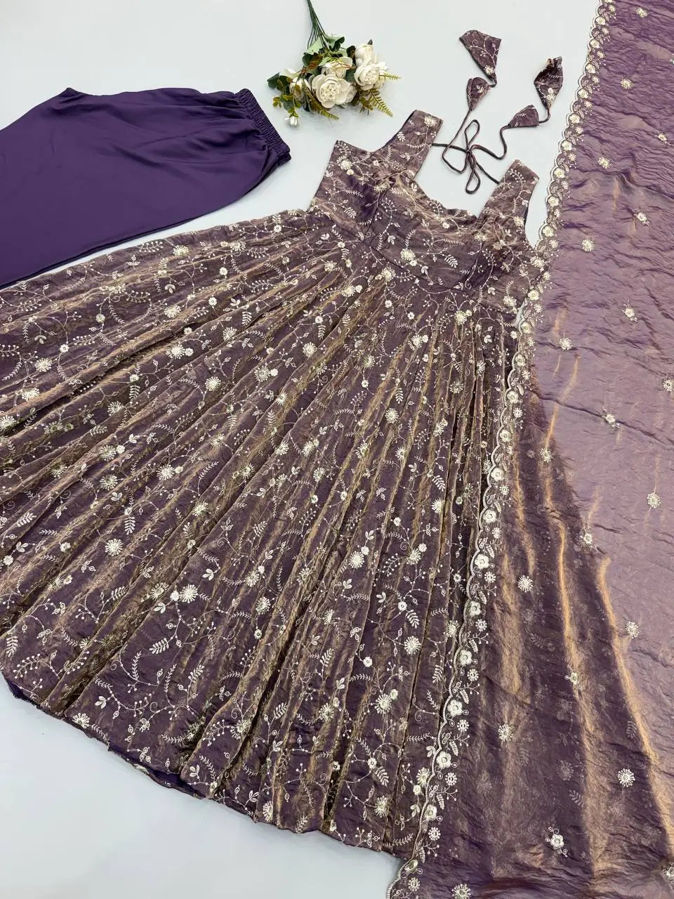 Mauve Shot Silk Floral Gown