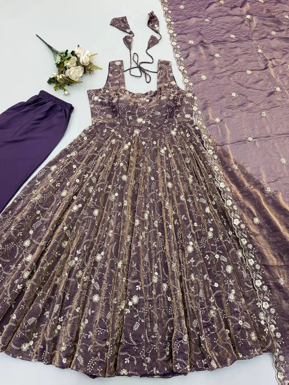 Mauve Shot Silk Floral Gown
